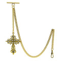 Albert Chain Gold Color Pocket Watch Chains for Men T Bar with Swivel Clasp and Big XL Size Religious Cross Fob AC81