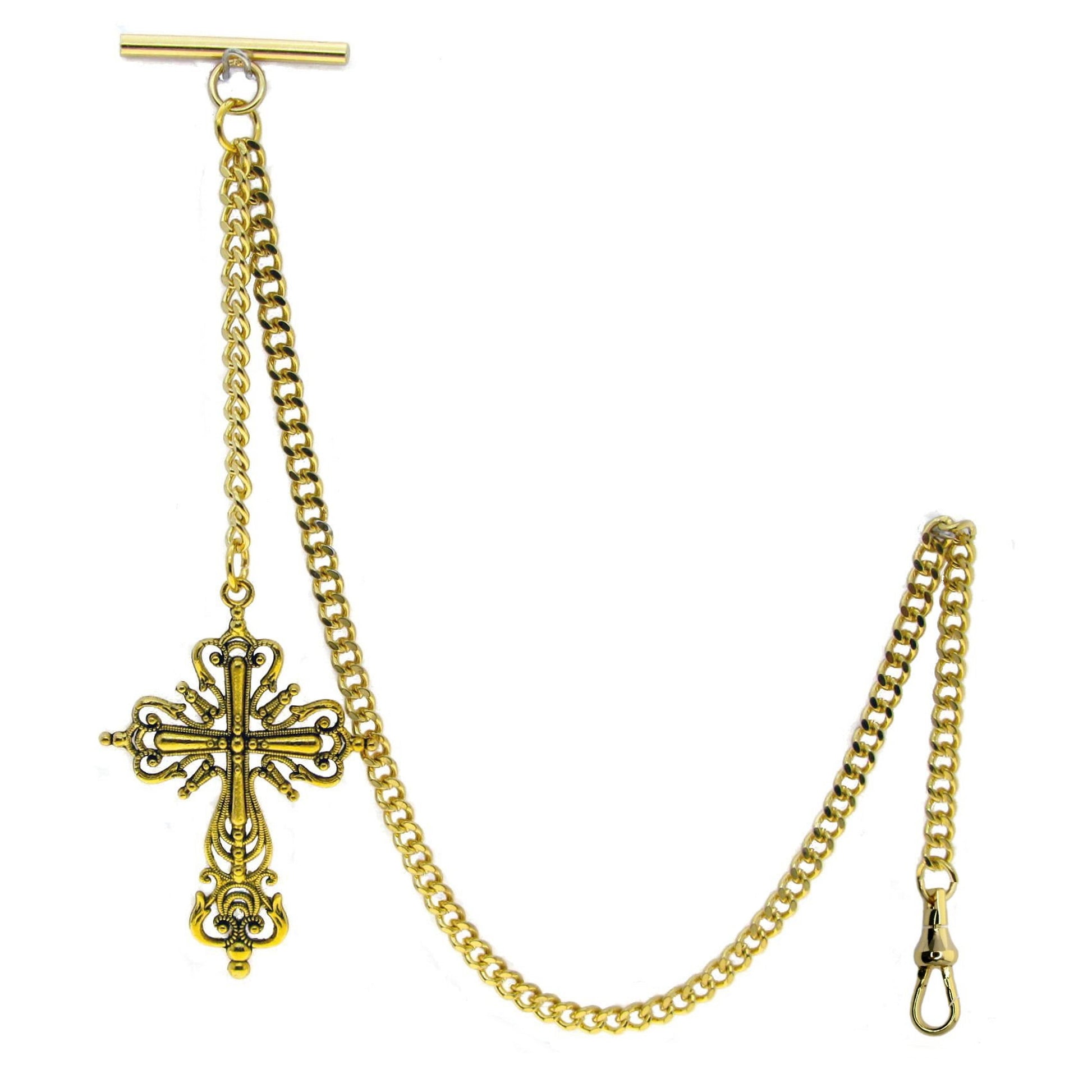 Albert Chain Gold Color Pocket Watch Chains for Men T Bar with Swivel Clasp and Big XL Size Religious Cross Fob AC81