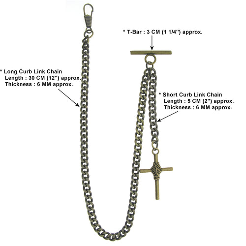 Albert Chain Pocket Watch Chains for Men Antique Brass Color Religious Cross Pattern Fob T Bar AC82