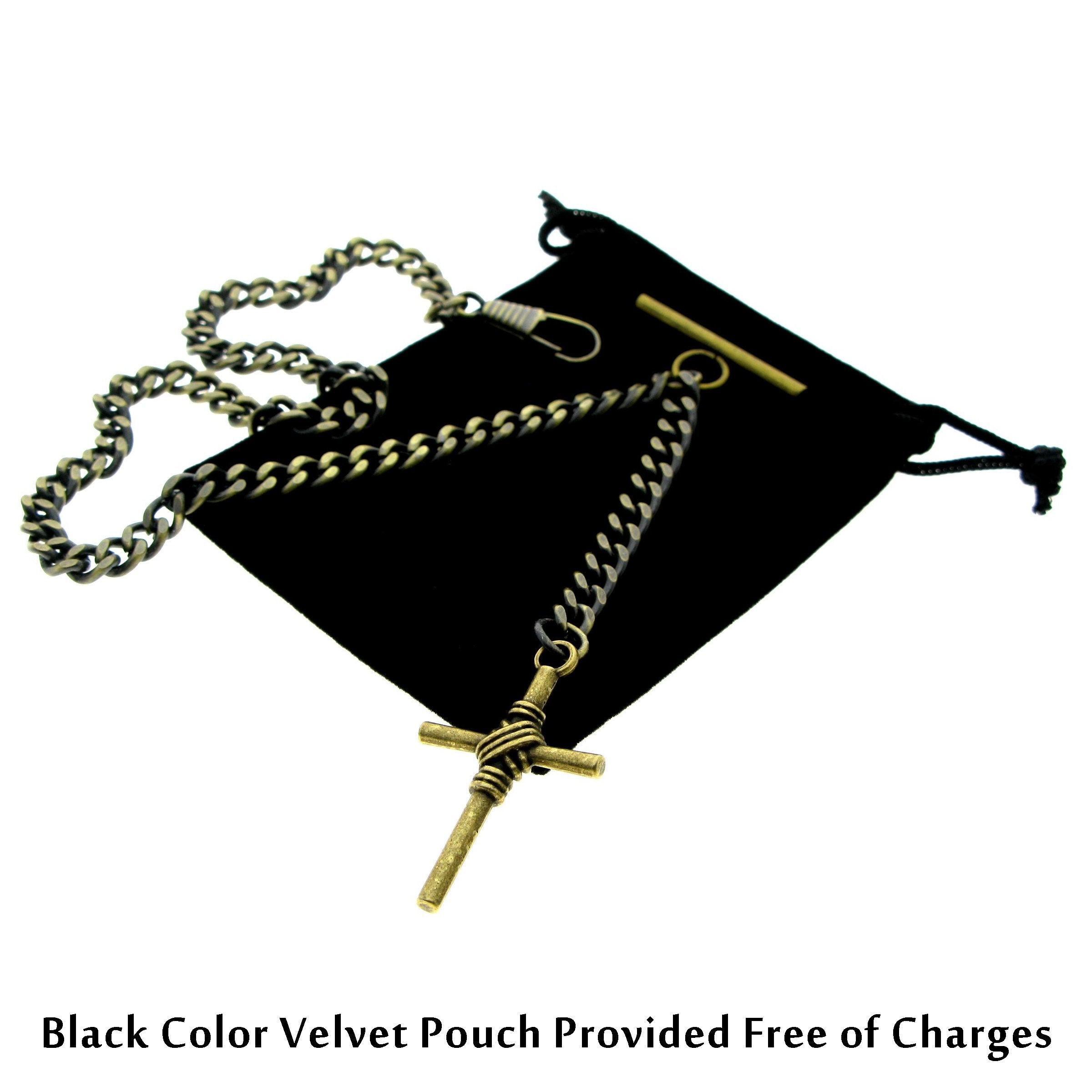 Albert Chain Pocket Watch Chains for Men Antique Brass Color Religious Cross Pattern Fob T Bar AC82