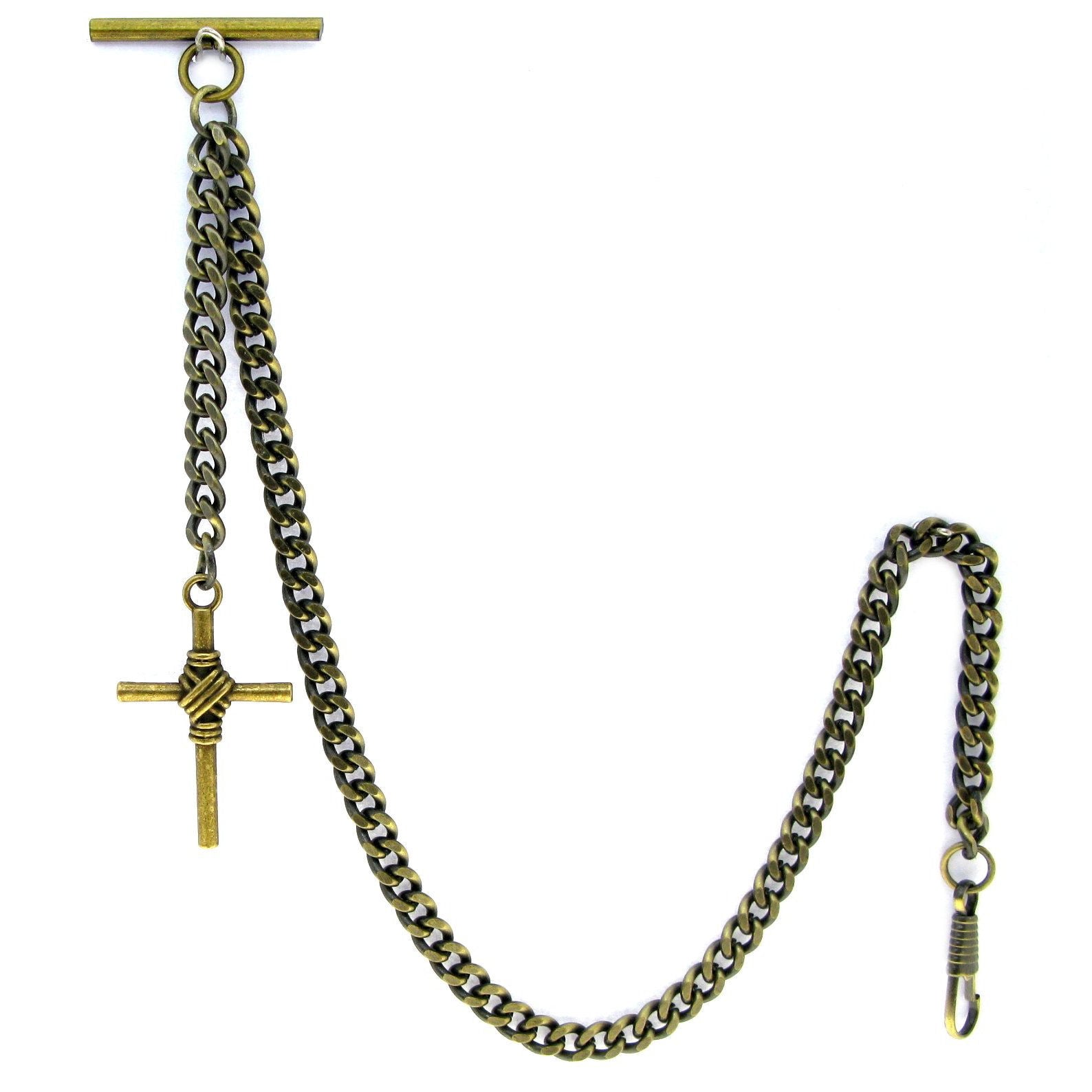 Albert Chain Pocket Watch Chains for Men Antique Brass Color Religious Cross Pattern Fob T Bar AC82
