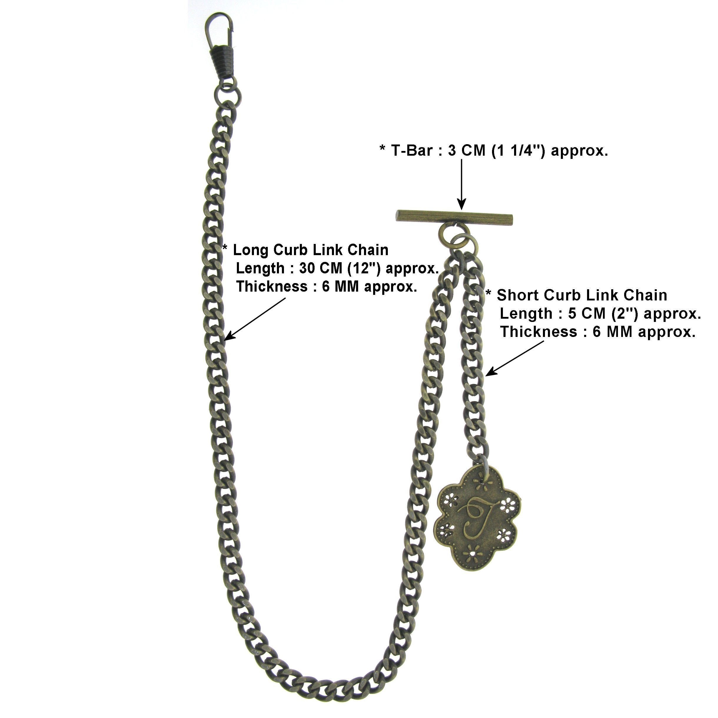 Albert Chain Pocket Watch Chains for Men Antique Brass Color with Alphabet T Initial Letter Fob T Bar AC83