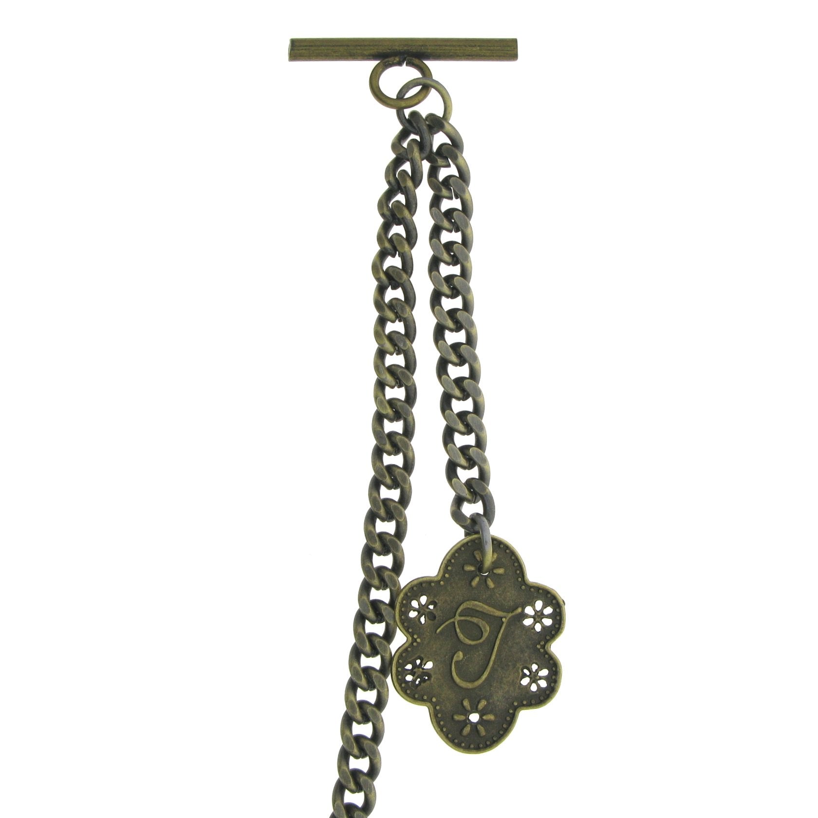 Albert Chain Pocket Watch Chains for Men Antique Brass Color with Alphabet T Initial Letter Fob T Bar AC83