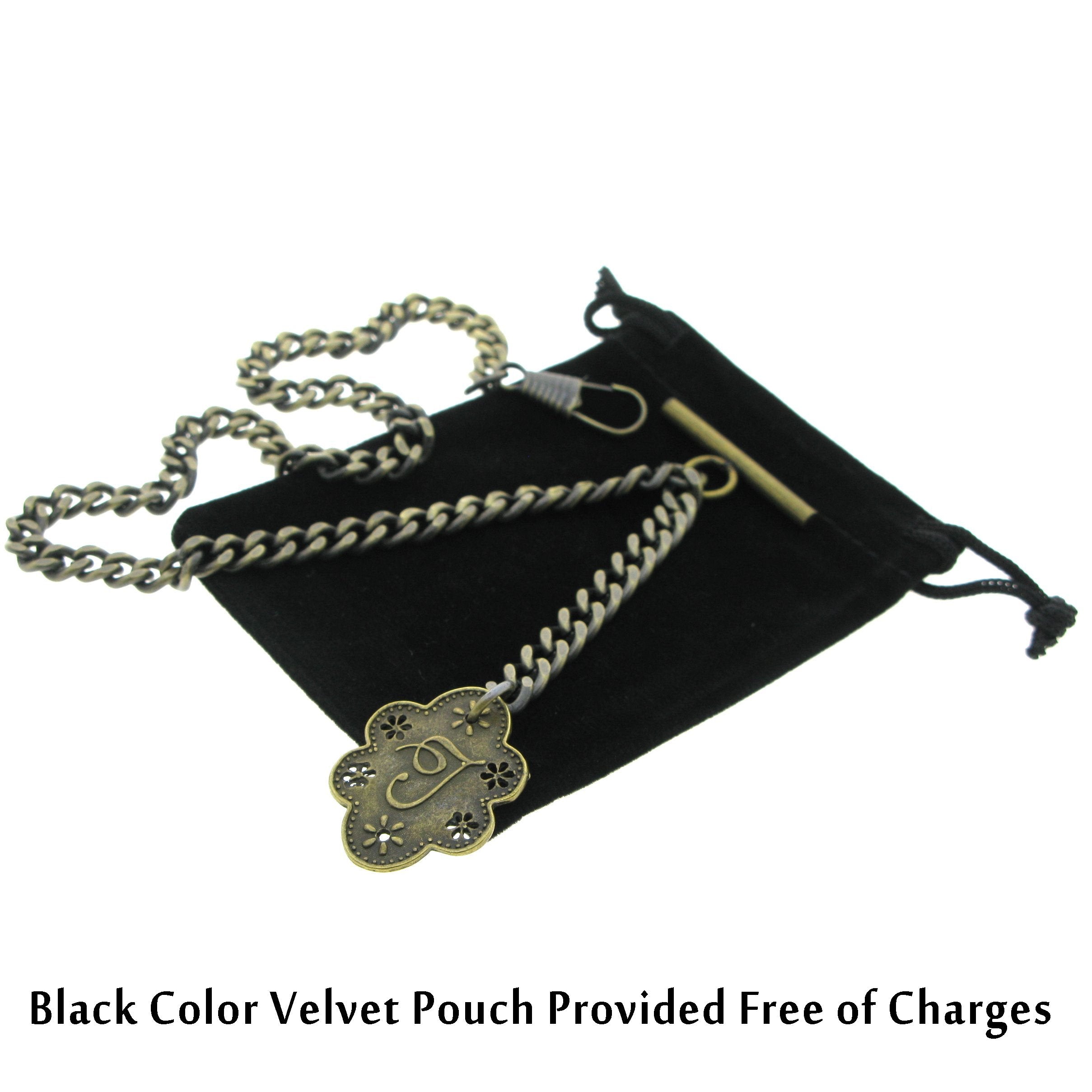 Albert Chain Pocket Watch Chains for Men Antique Brass Color with Alphabet T Initial Letter Fob T Bar AC83