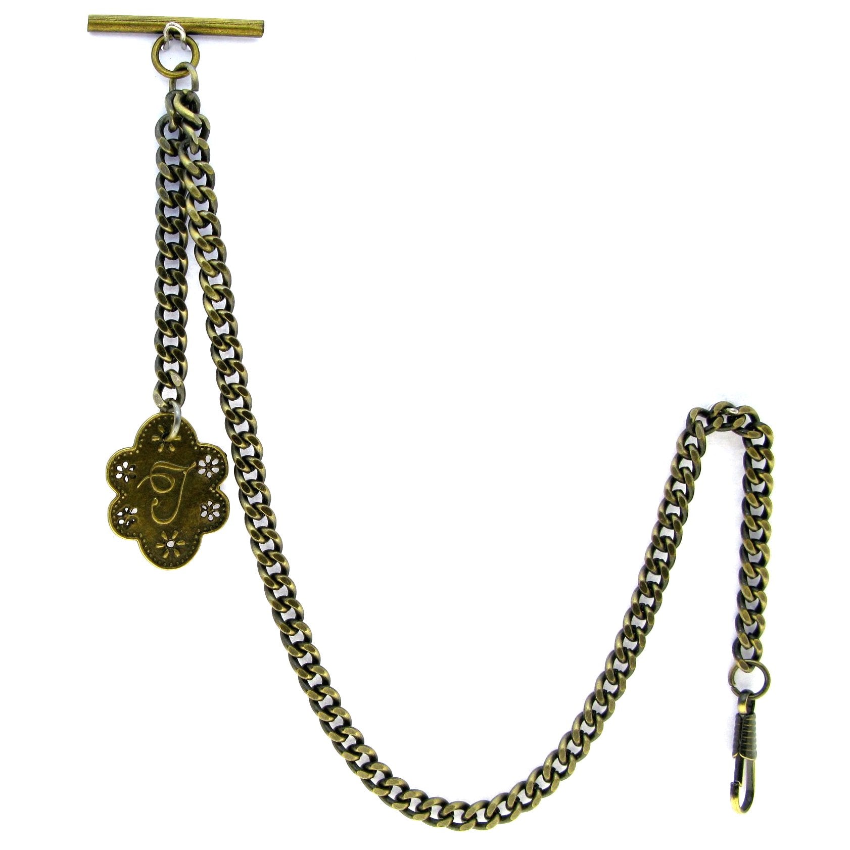 Albert Chain Pocket Watch Chains for Men Antique Brass Color with Alphabet T Initial Letter Fob T Bar AC83
