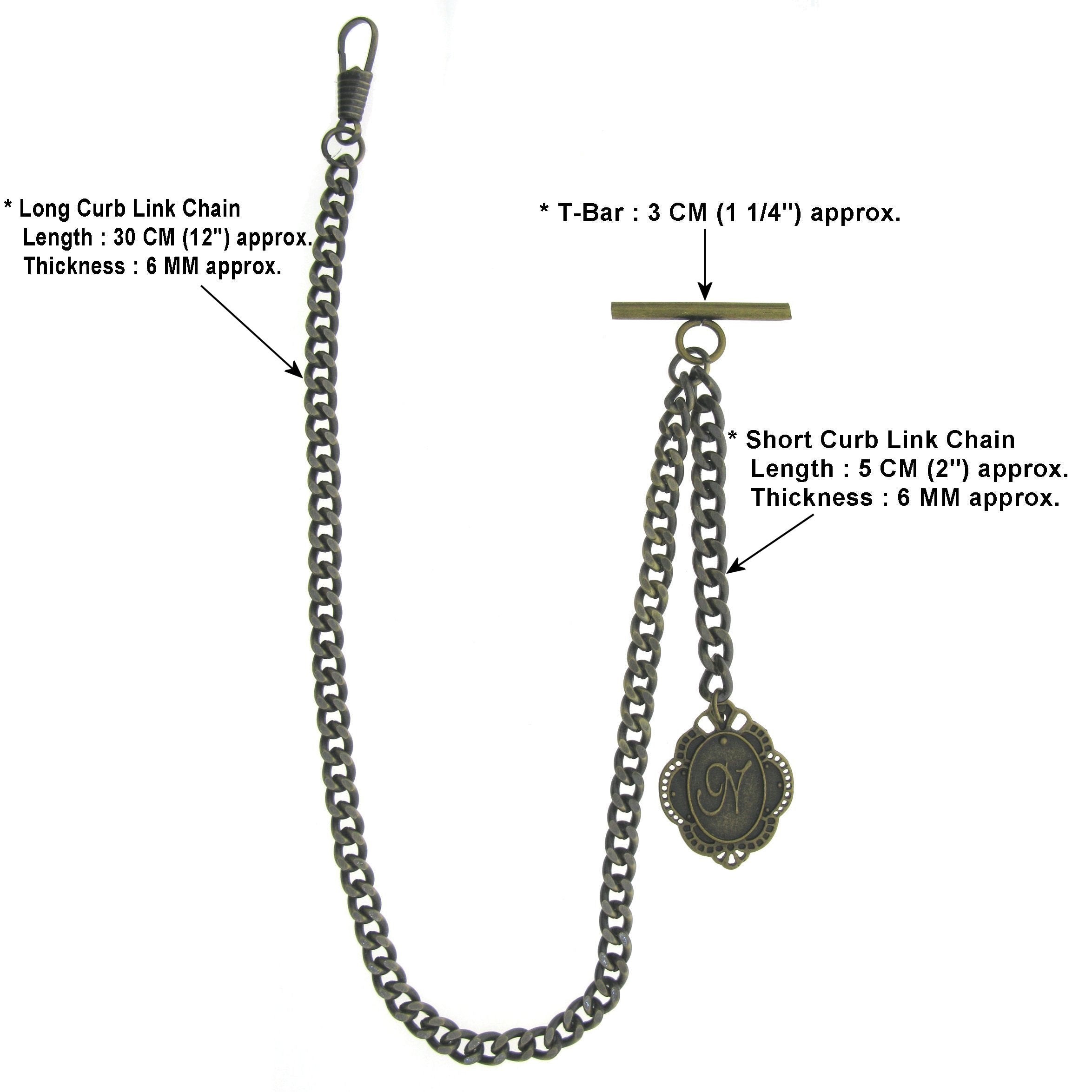 Albert Chain Pocket Watch Curb Link Chain Antique Brass Color + Alphabet N Initial Letter Fob T Bar AC84