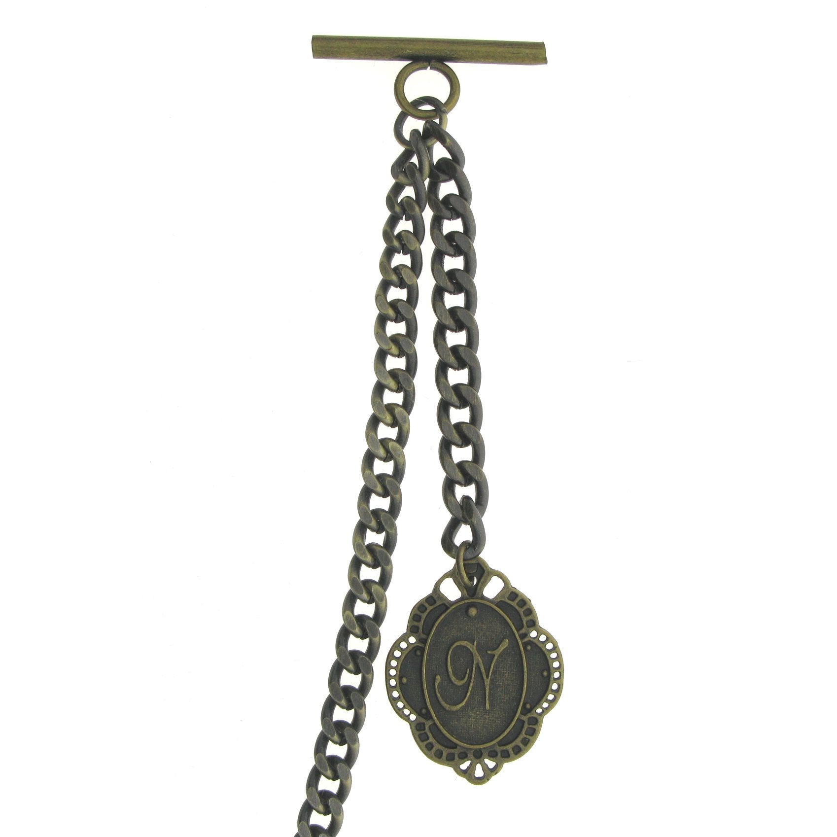 Albert Chain Pocket Watch Curb Link Chain Antique Brass Color + Alphabet N Initial Letter Fob T Bar AC84