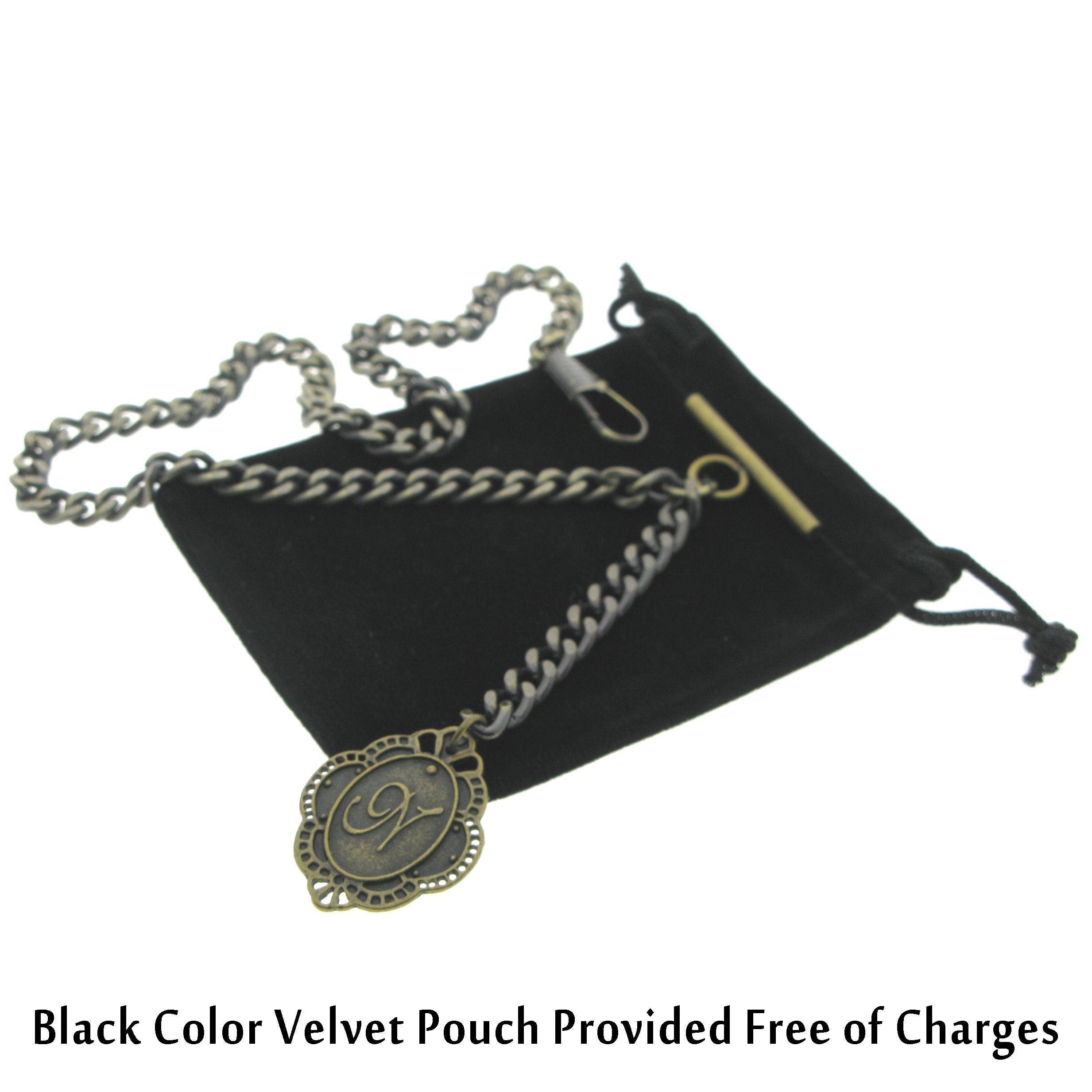 Albert Chain Pocket Watch Curb Link Chain Antique Brass Color + Alphabet N Initial Letter Fob T Bar AC84