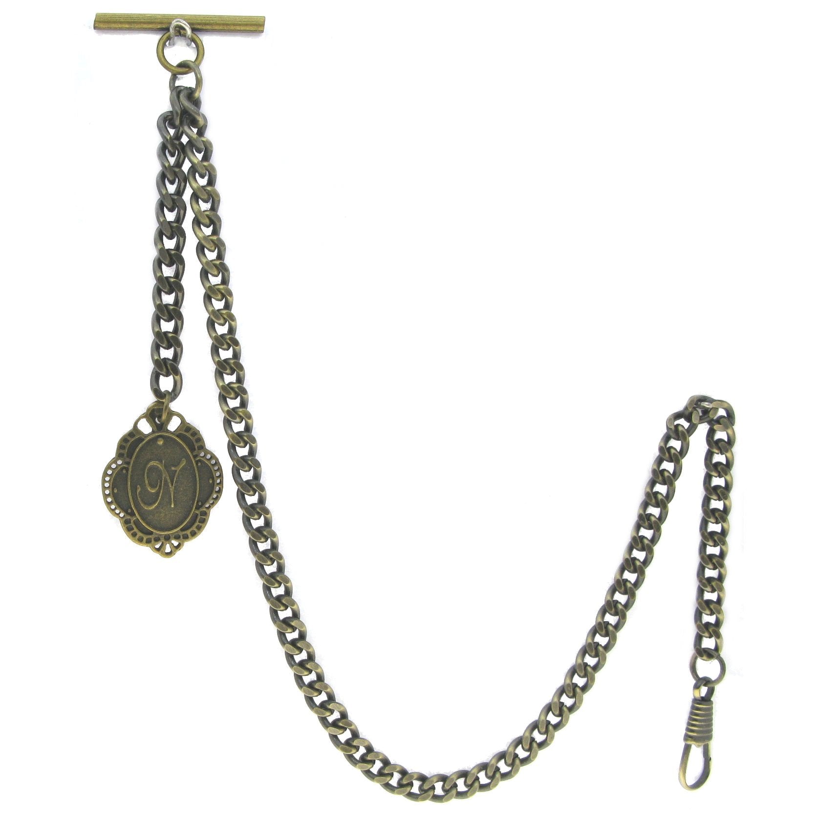 Albert Chain Pocket Watch Curb Link Chain Antique Brass Color + Alphabet N Initial Letter Fob T Bar AC84