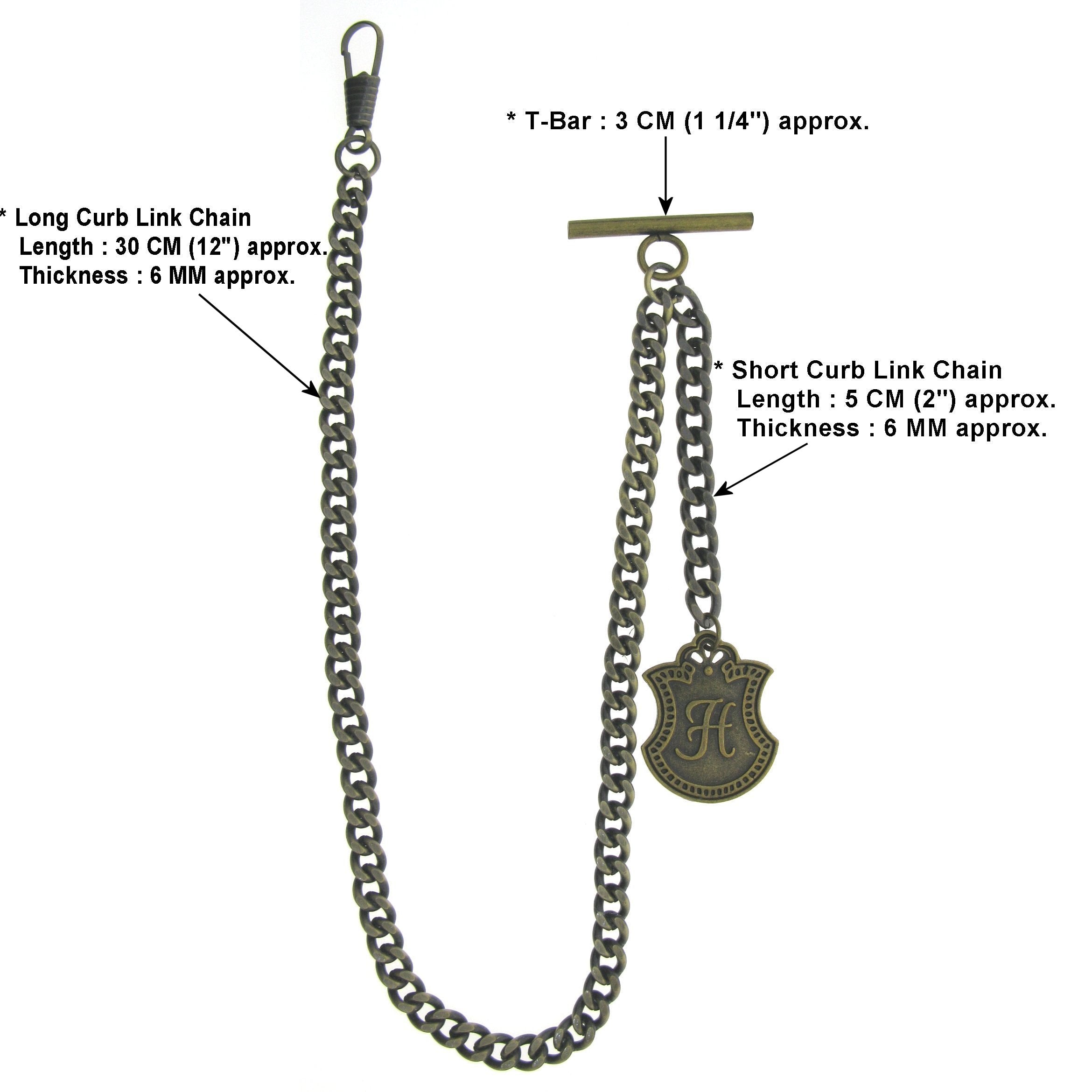 Albert Chain Pocket Watch Chains for Men Antique Brass Color with Alphabet H Initial Letter Fob T Bar AC85