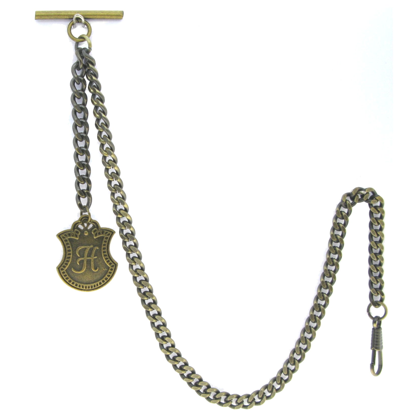 Albert Chain Pocket Watch Chains for Men Antique Brass Color with Alphabet H Initial Letter Fob T Bar AC85