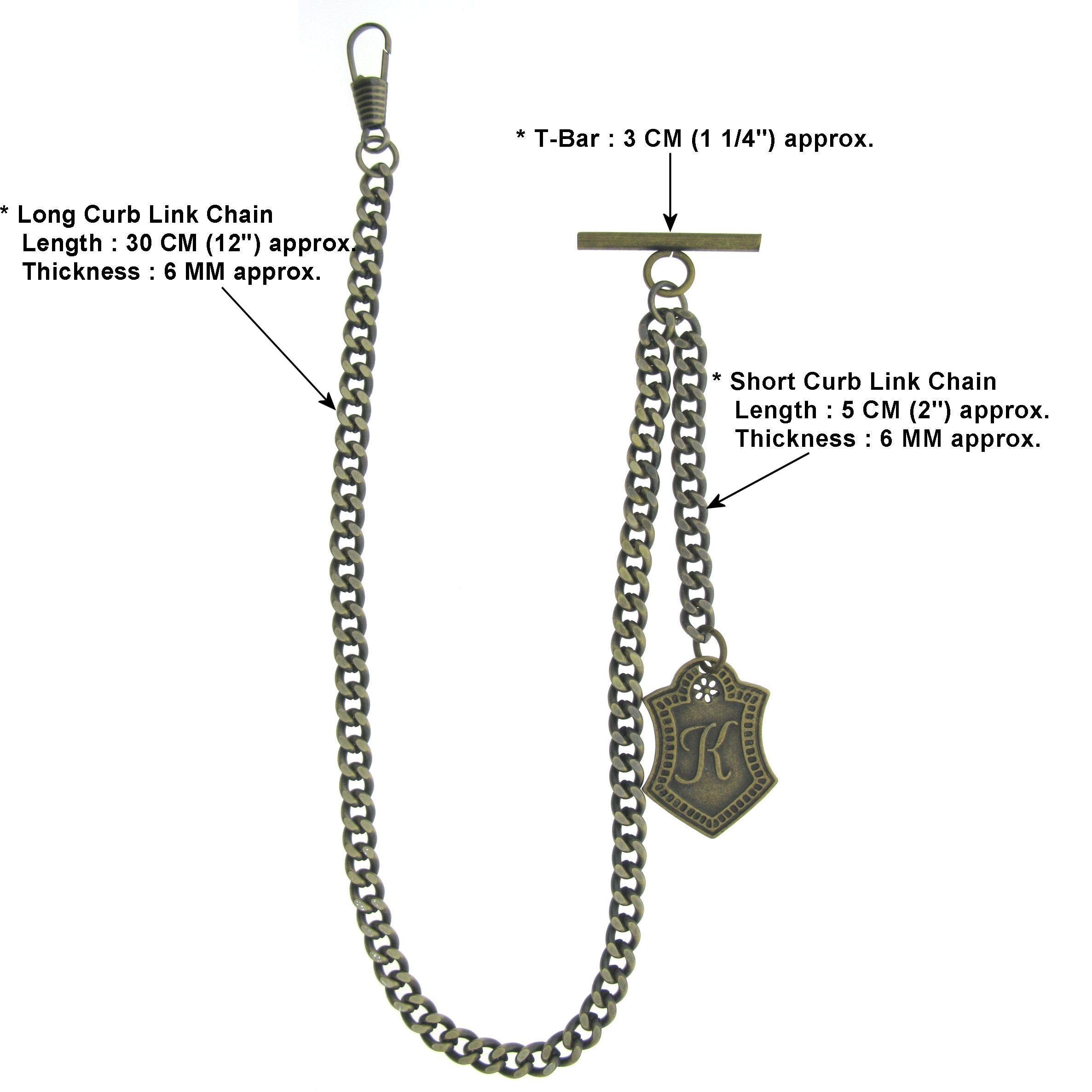 Albert Chain Pocket Watch Chains for Men Antique Brass Color with Alphabet K Initial Letter Fob T Bar AC86