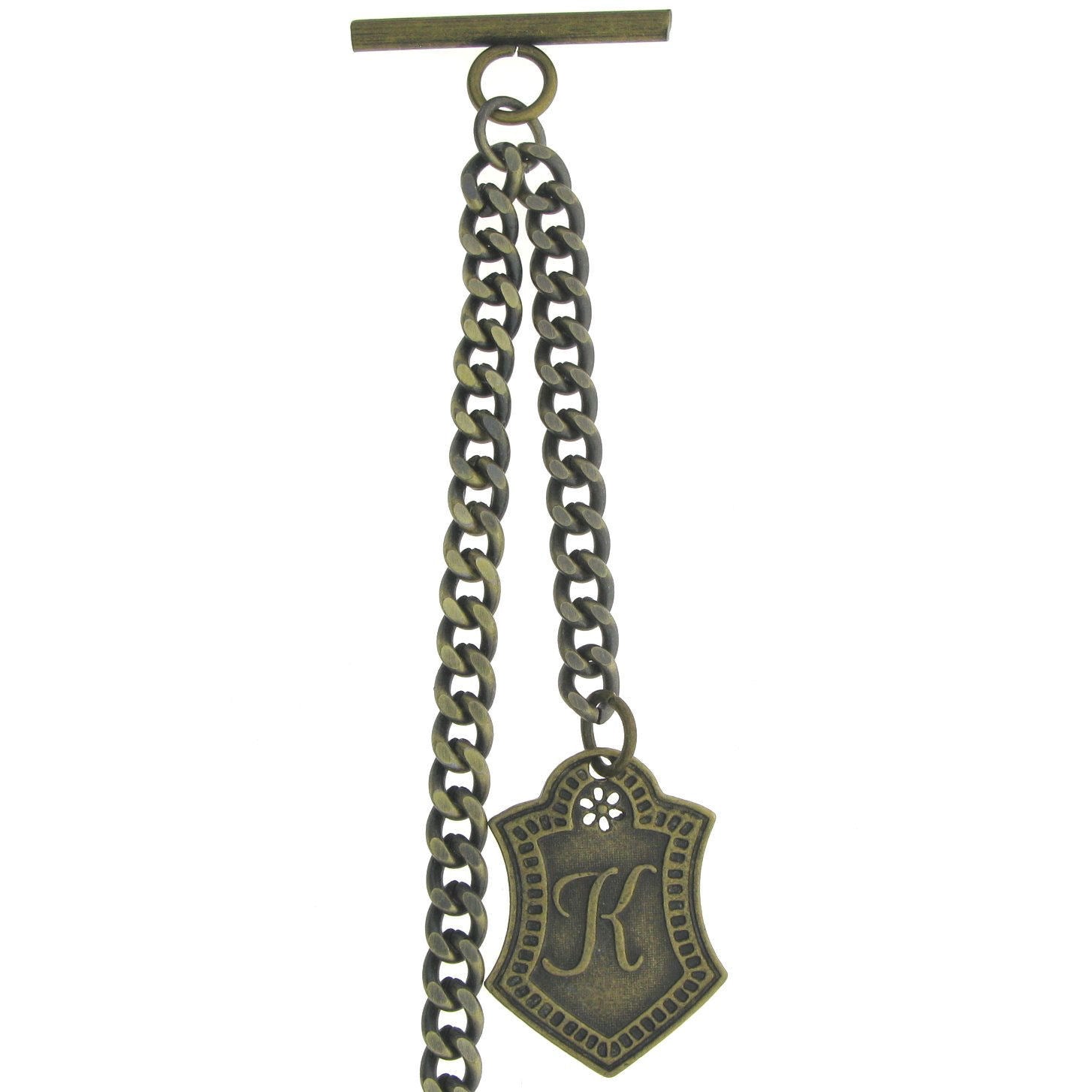 Albert Chain Pocket Watch Chains for Men Antique Brass Color with Alphabet K Initial Letter Fob T Bar AC86