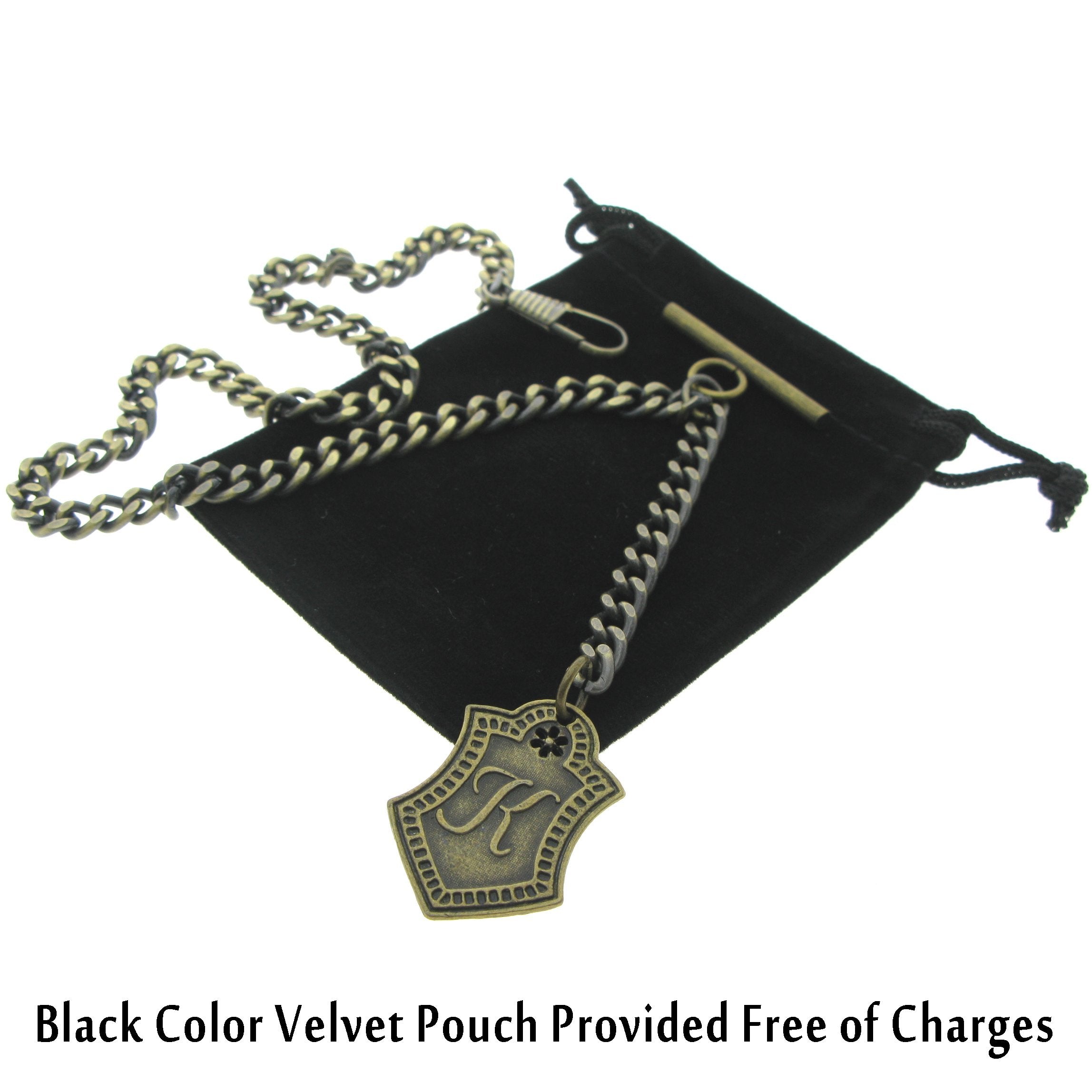 Albert Chain Pocket Watch Chains for Men Antique Brass Color with Alphabet K Initial Letter Fob T Bar AC86