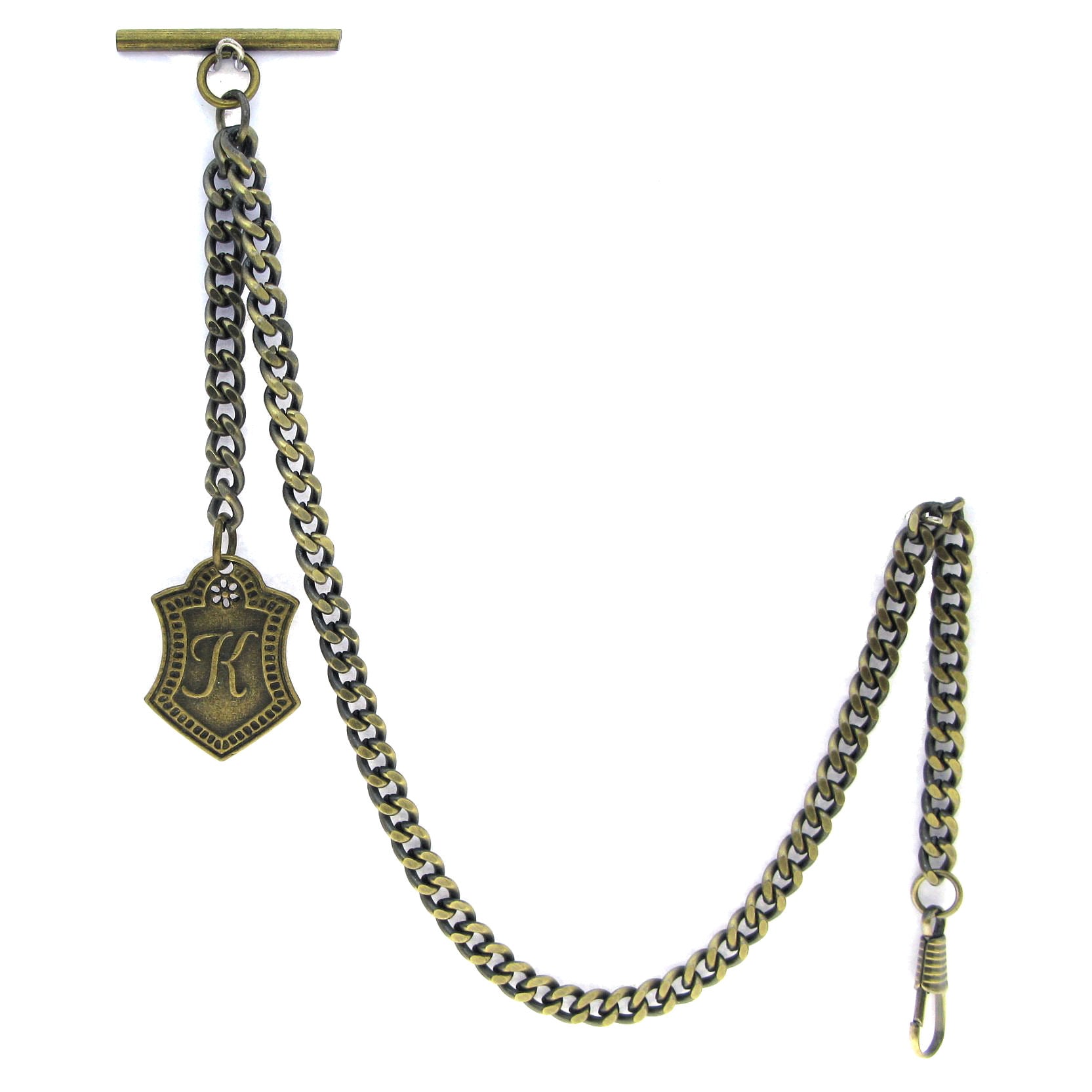 Albert Chain Pocket Watch Chains for Men Antique Brass Color with Alphabet K Initial Letter Fob T Bar AC86
