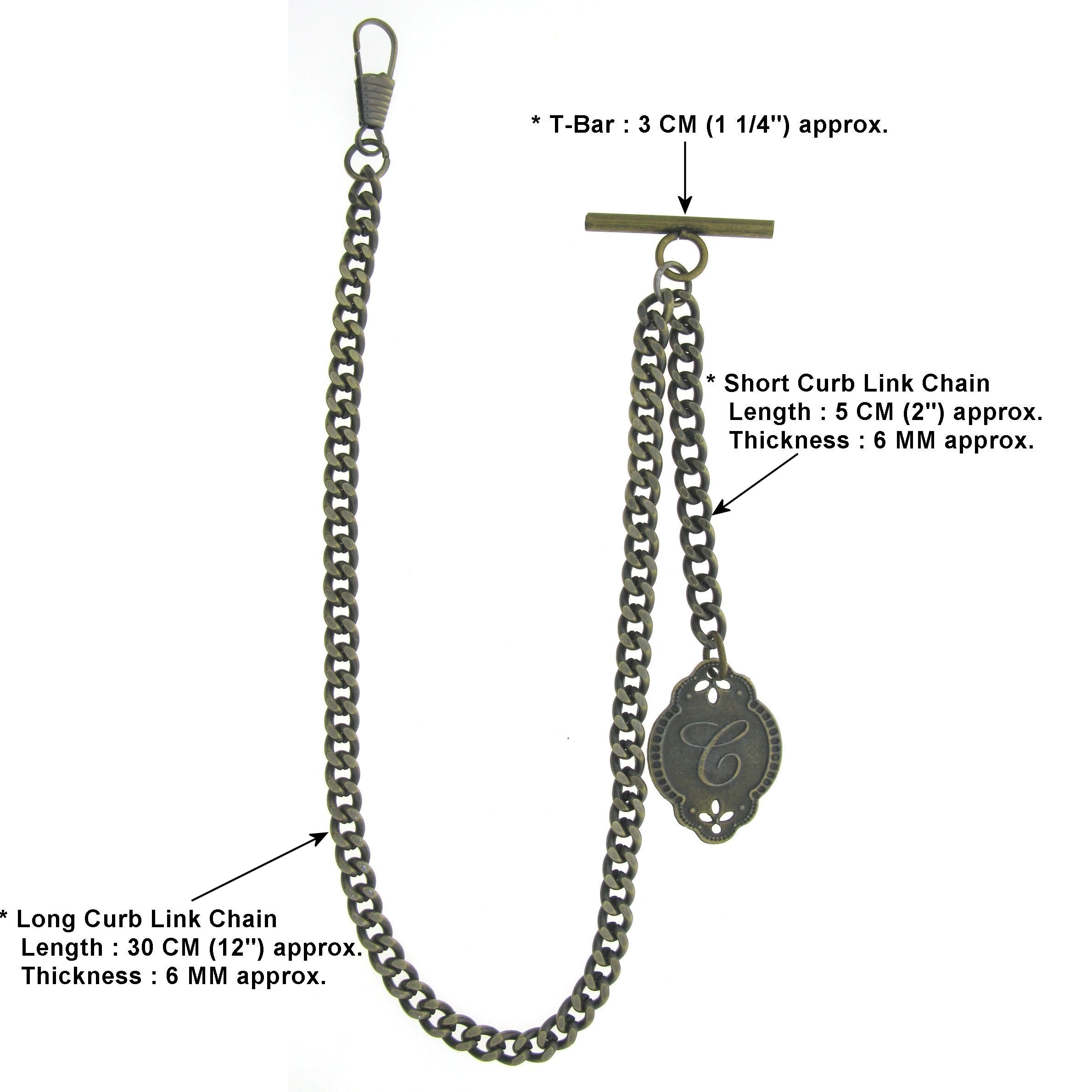 Albert Chain Pocket Watch Chains for Men Antique Brass Color with Alphabet C Initial Letter Fob T Bar AC87