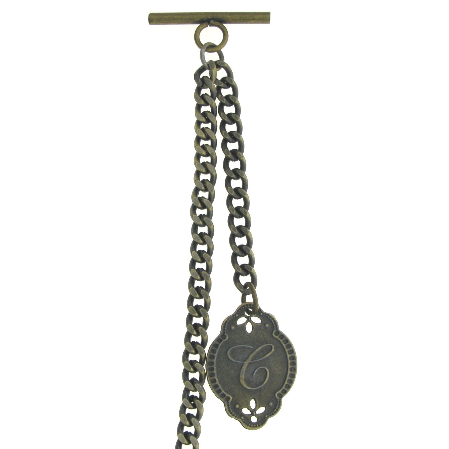 Albert Chain Pocket Watch Chains for Men Antique Brass Color with Alphabet C Initial Letter Fob T Bar AC87