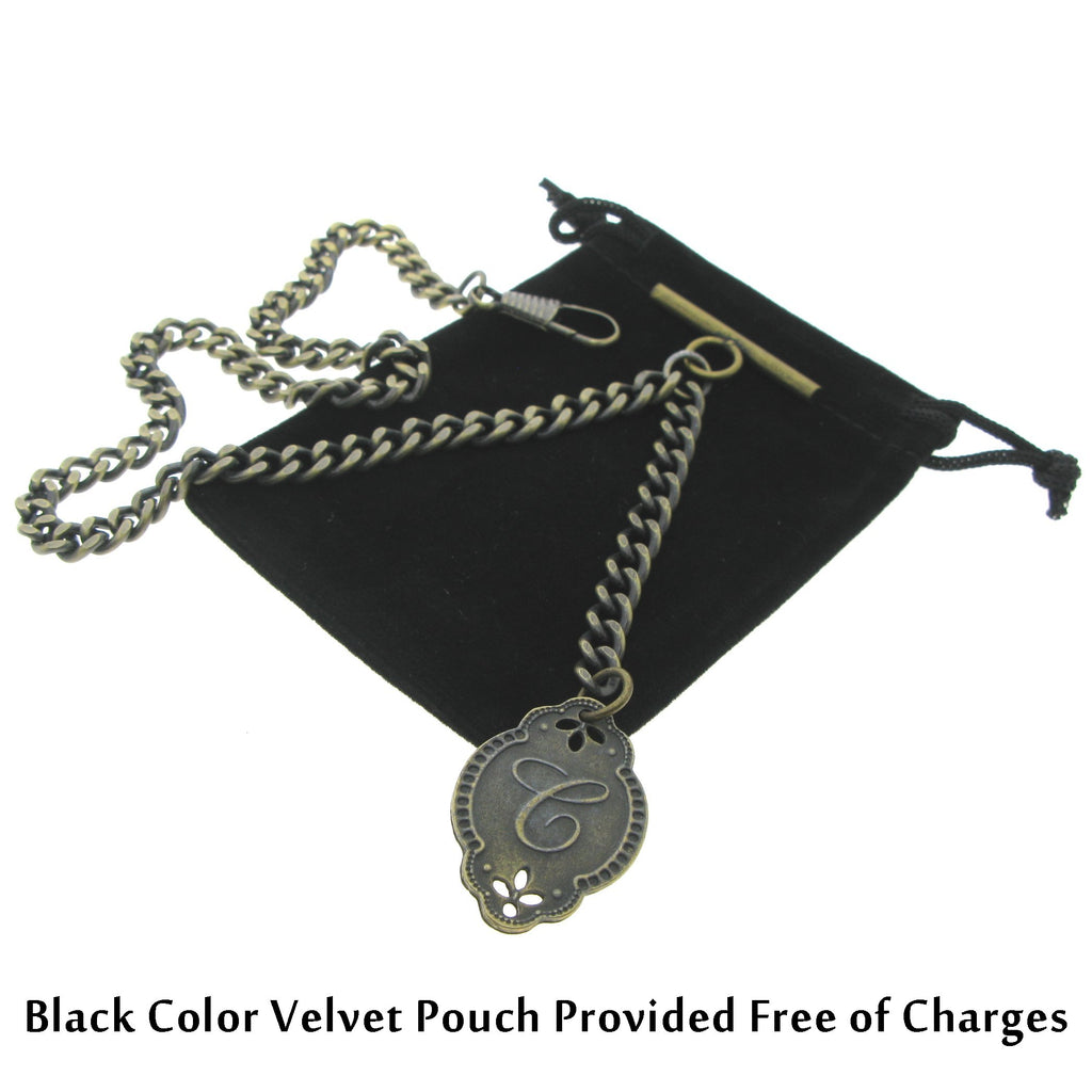 Albert Chain Pocket Watch Chains for Men Antique Brass Color with Alphabet C Initial Letter Fob T Bar AC87