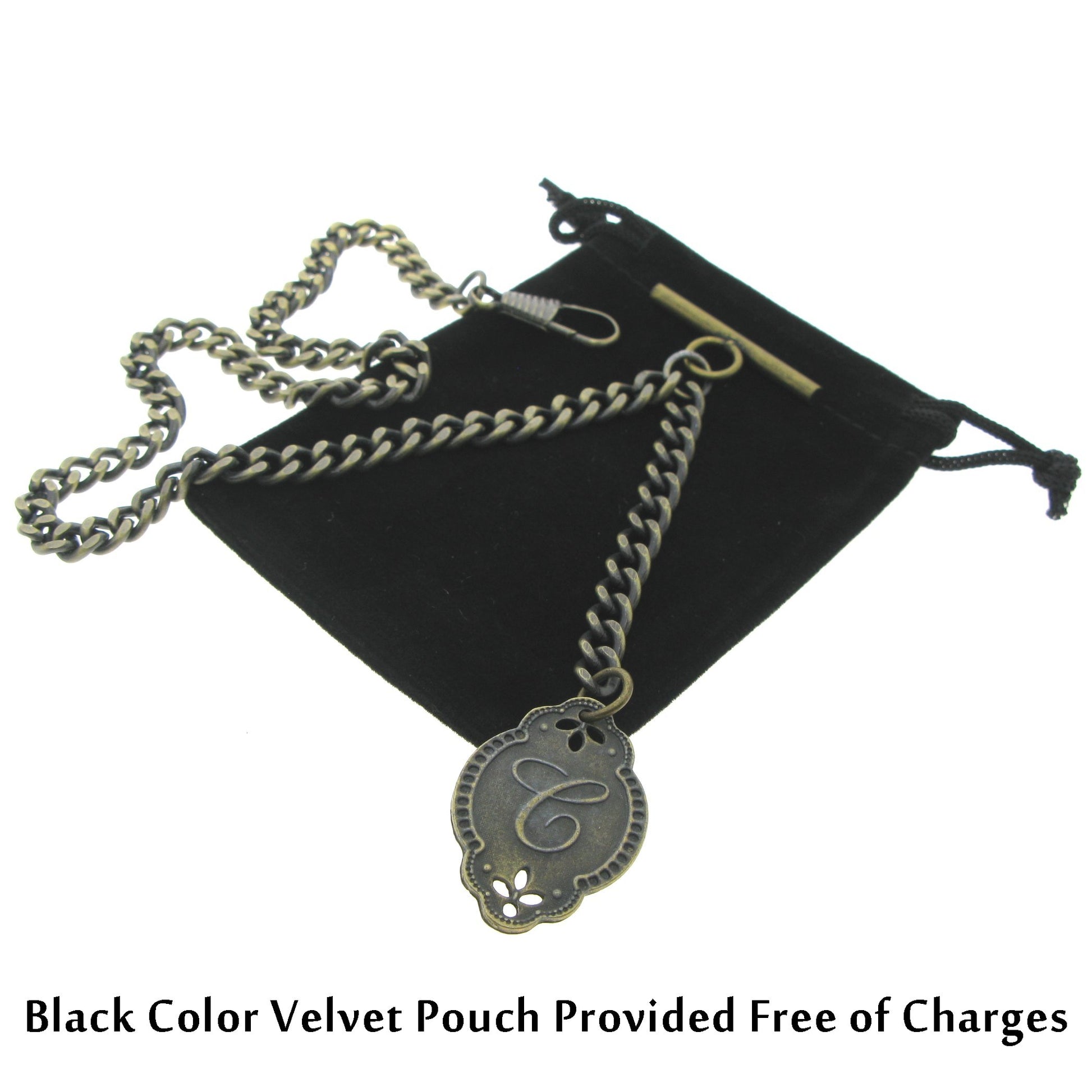 Albert Chain Pocket Watch Chains for Men Antique Brass Color with Alphabet C Initial Letter Fob T Bar AC87