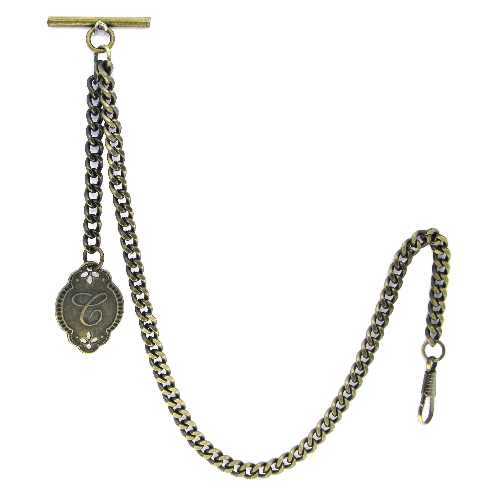 Albert Chain Pocket Watch Chains for Men Antique Brass Color with Alphabet C Initial Letter Fob T Bar AC87