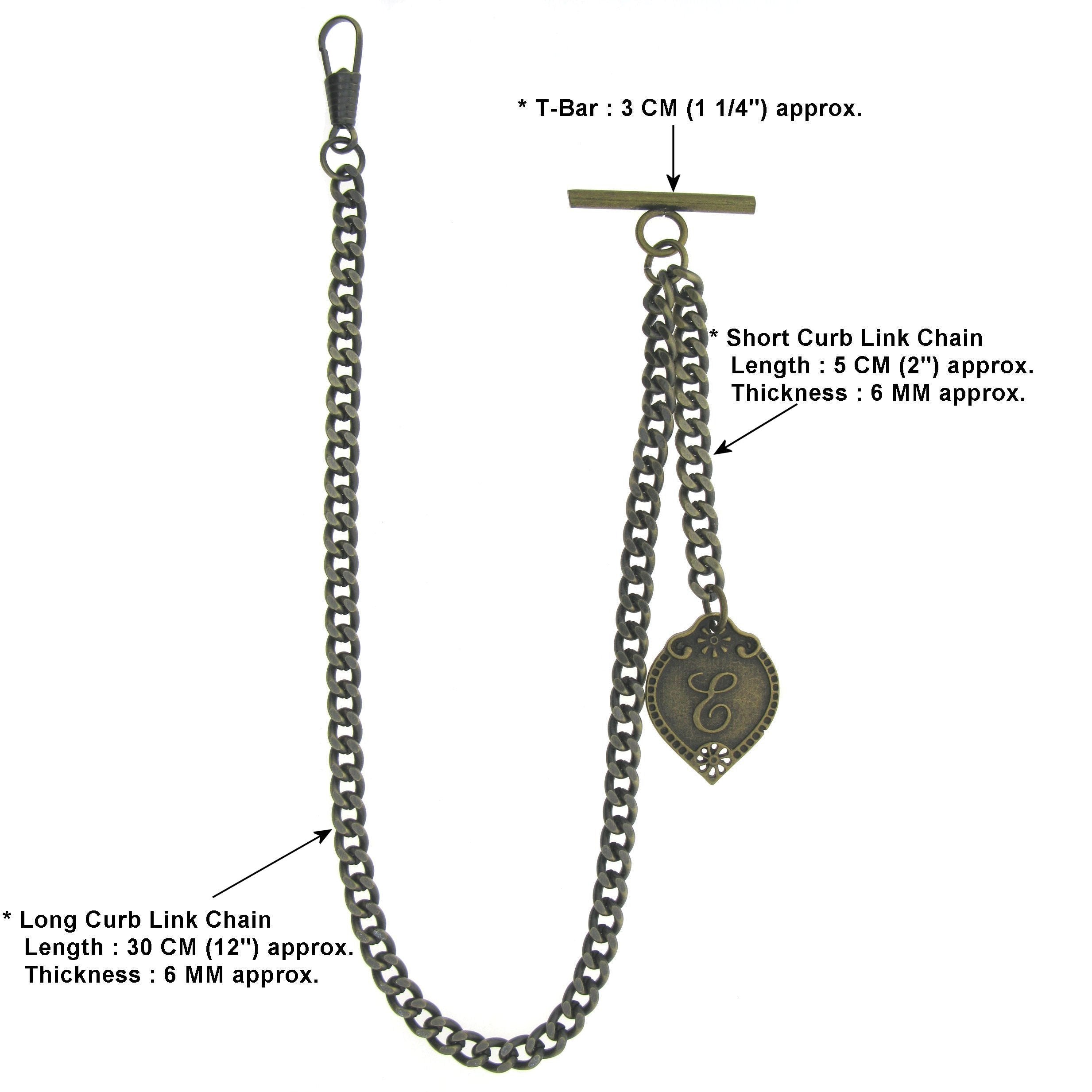 Albert Chain Pocket Watch Chains for Men Antique Brass Color with Alphabet E Initial Letter Fob T Bar AC88