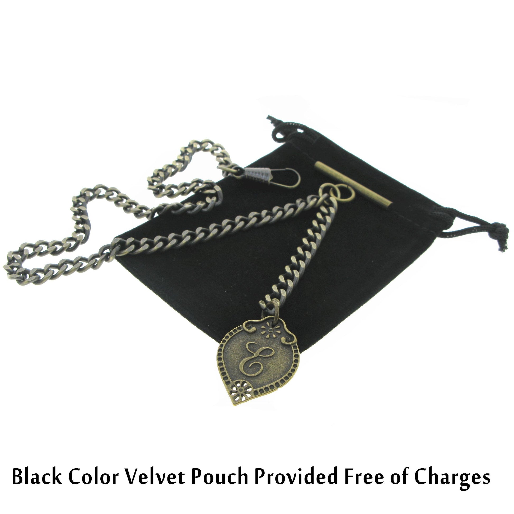 Albert Chain Pocket Watch Chains for Men Antique Brass Color with Alphabet E Initial Letter Fob T Bar AC88