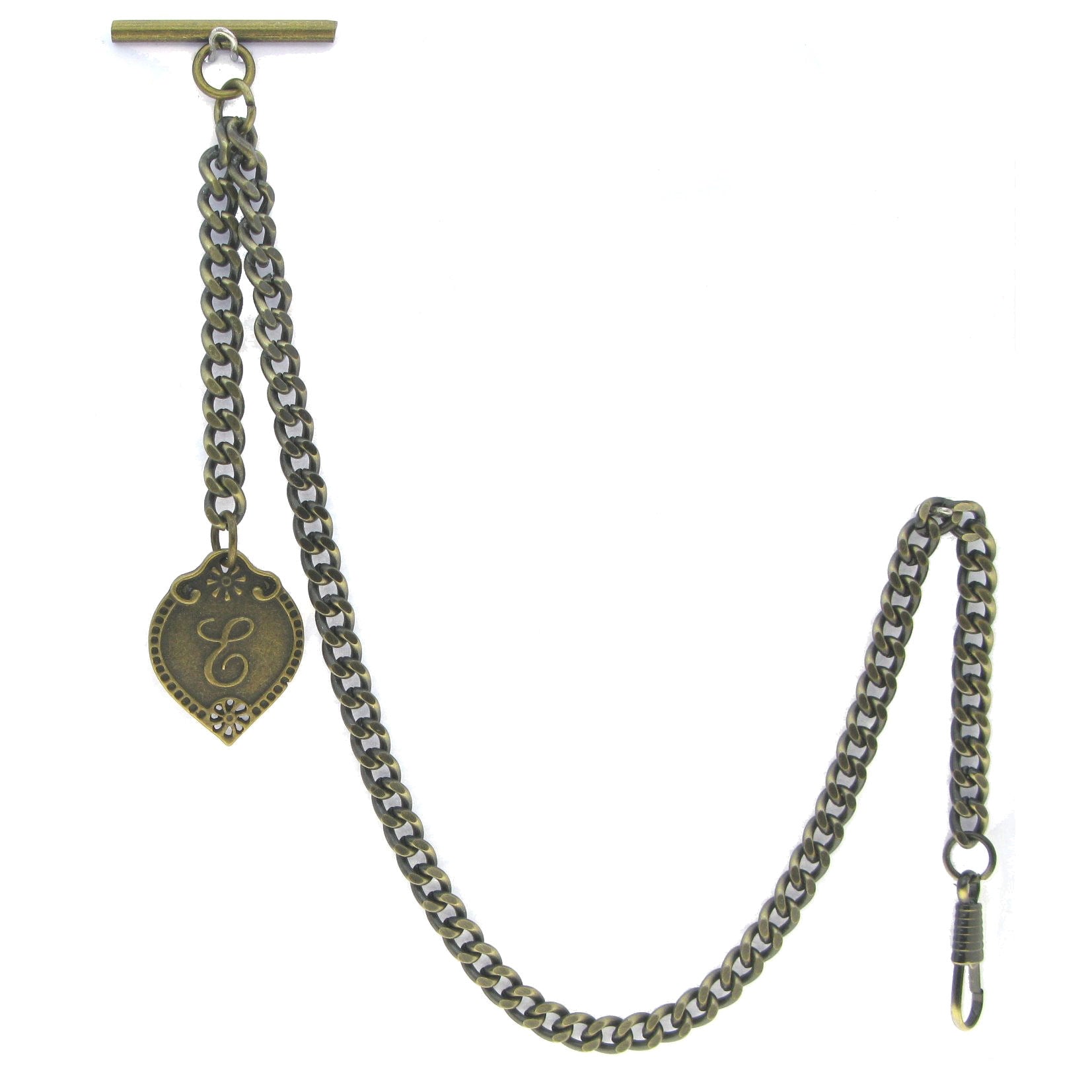 Albert Chain Pocket Watch Chains for Men Antique Brass Color with Alphabet E Initial Letter Fob T Bar AC88