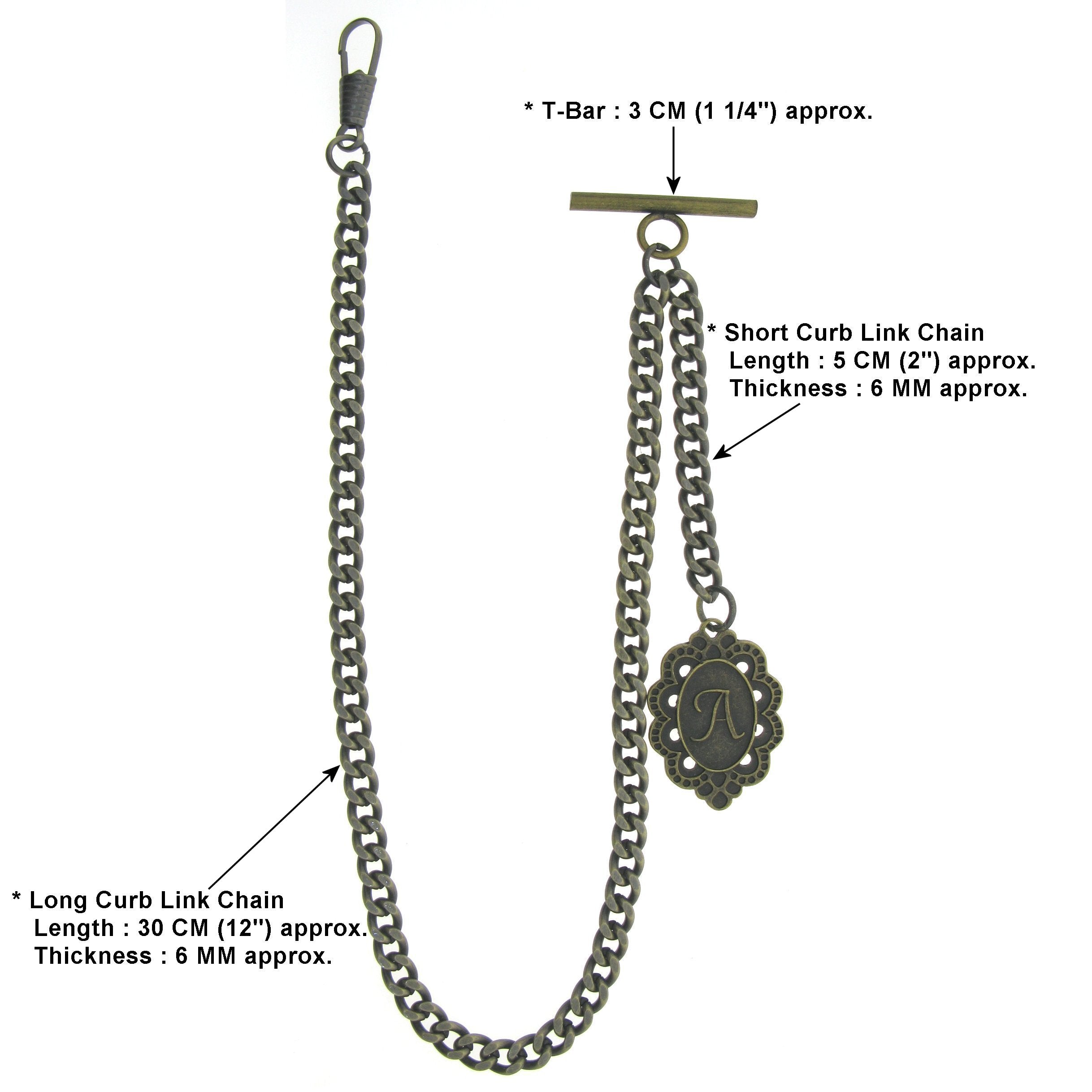 Albert Chain Pocket Watch Chains for Men Antique Brass Color with Alphabet A Initial Letter Fob T Bar AC89