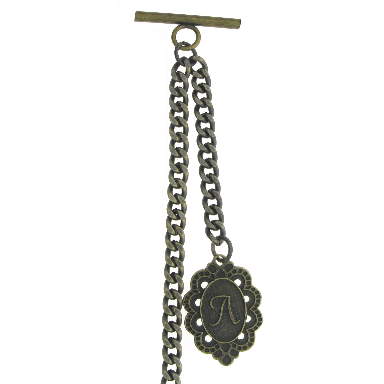 Albert Chain Pocket Watch Chains for Men Antique Brass Color with Alphabet A Initial Letter Fob T Bar AC89