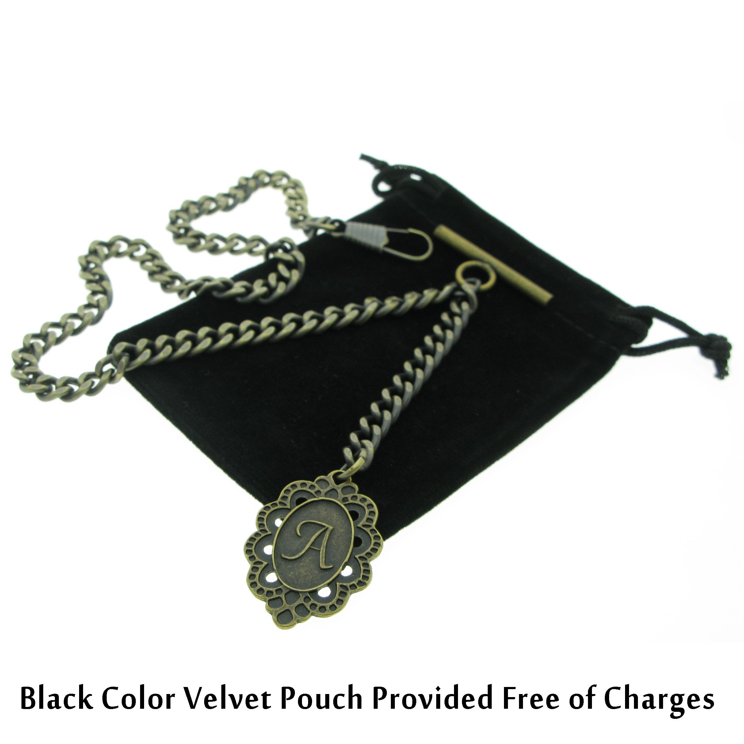 Albert Chain Pocket Watch Chains for Men Antique Brass Color with Alphabet A Initial Letter Fob T Bar AC89