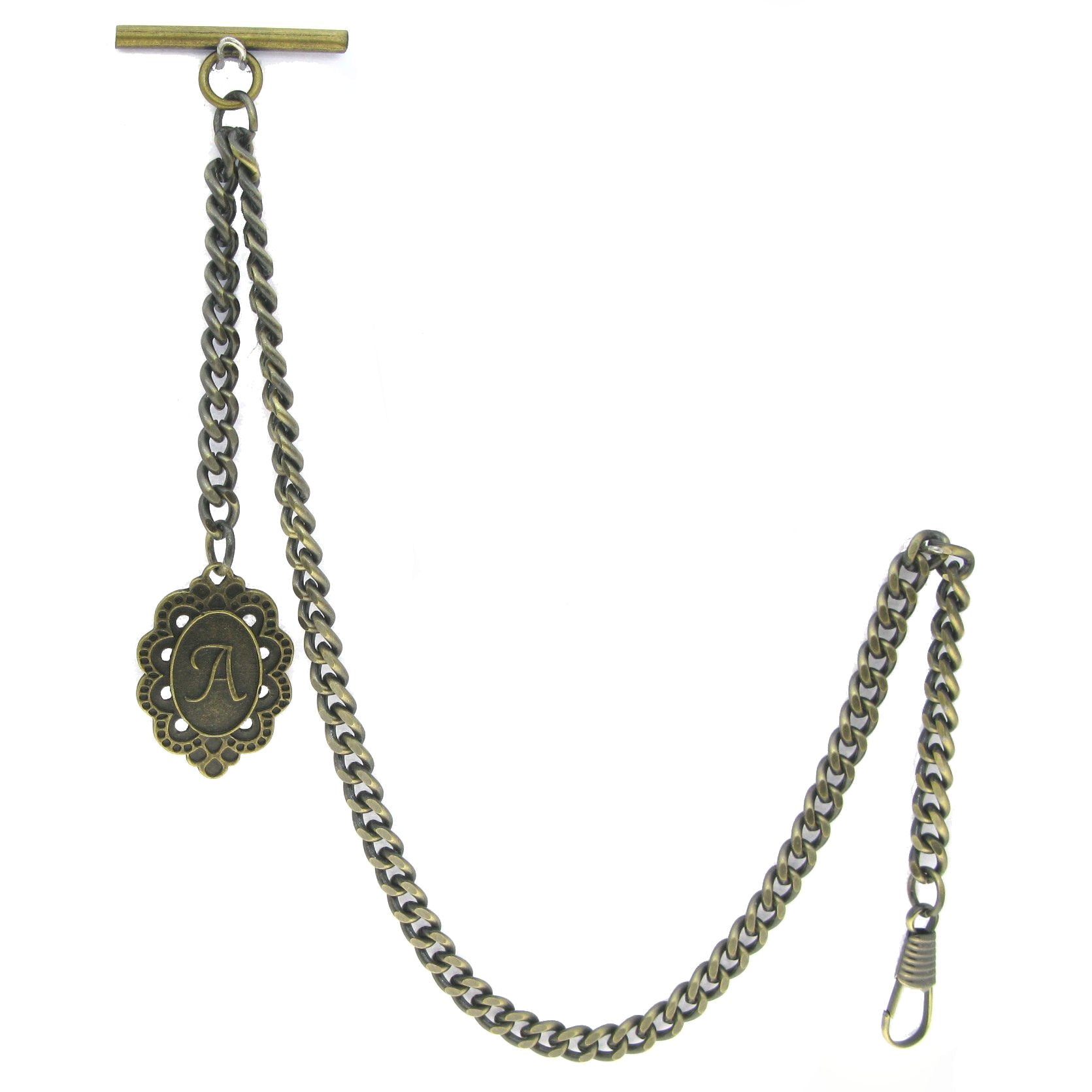 Albert Chain Pocket Watch Chains for Men Antique Brass Color with Alphabet A Initial Letter Fob T Bar AC89