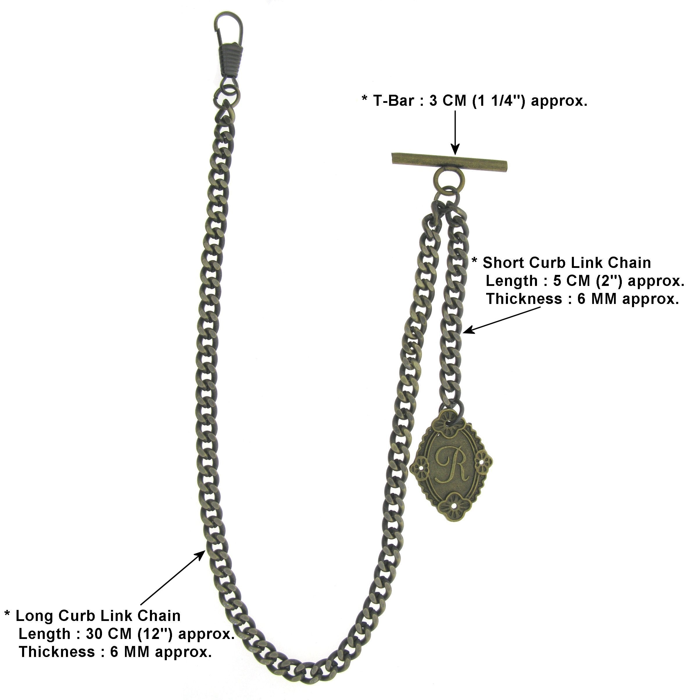 Albert Chain Pocket Watch Chains for Men Antique Brass Color with Alphabet R Initial Letter Fob T Bar AC90
