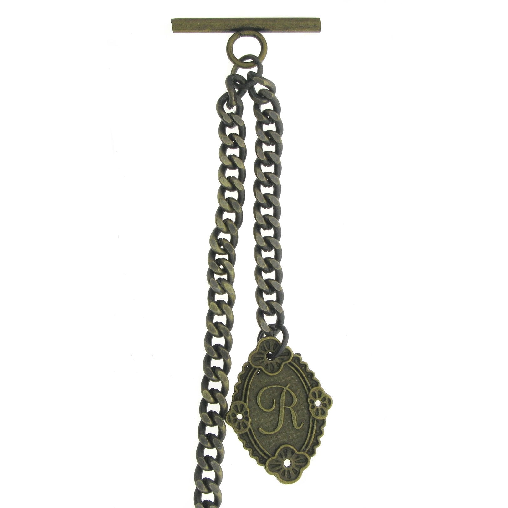 Albert Chain Pocket Watch Chains for Men Antique Brass Color with Alphabet R Initial Letter Fob T Bar AC90