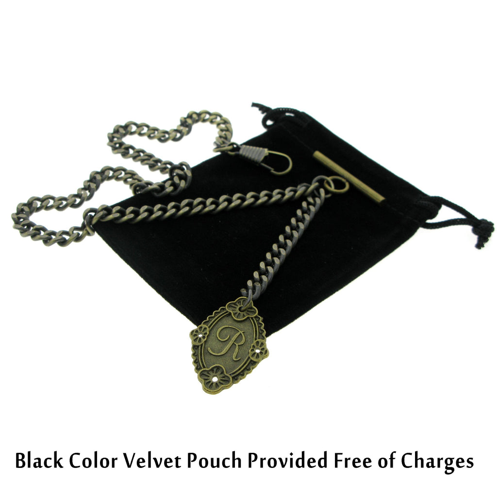 Albert Chain Pocket Watch Chains for Men Antique Brass Color with Alphabet R Initial Letter Fob T Bar AC90