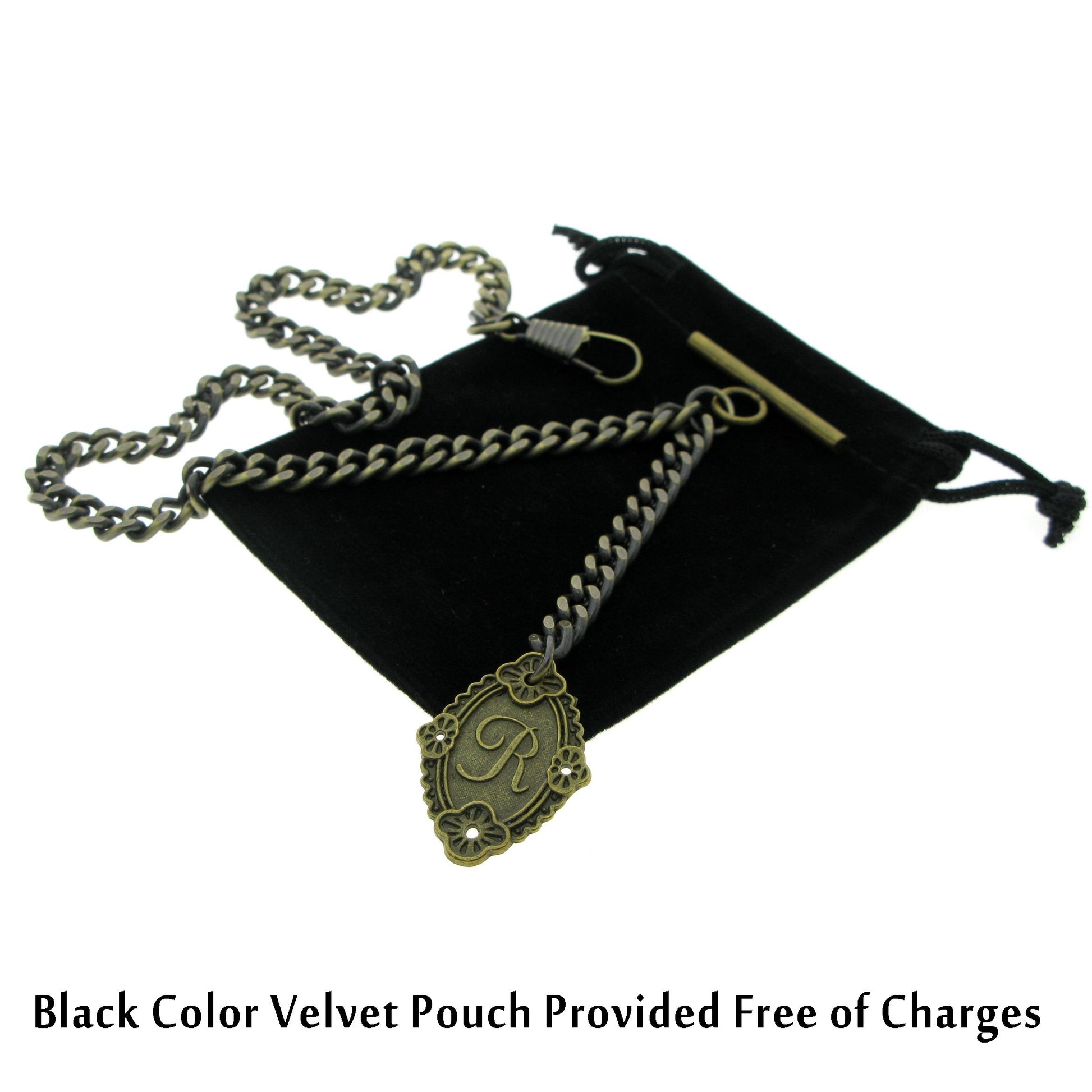 Albert Chain Pocket Watch Chains for Men Antique Brass Color with Alphabet R Initial Letter Fob T Bar AC90