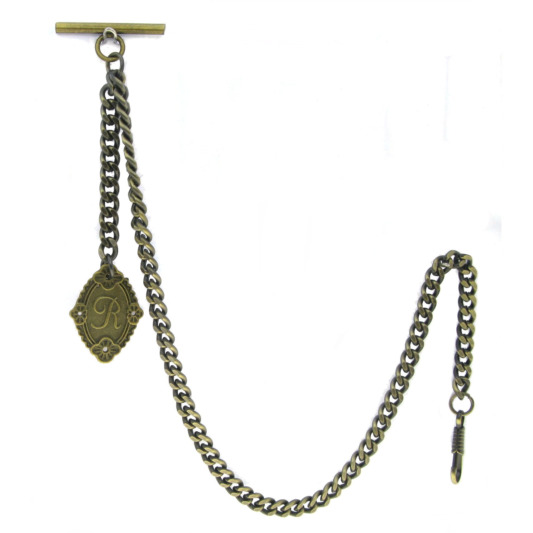 Albert Chain Pocket Watch Chains for Men Antique Brass Color with Alphabet R Initial Letter Fob T Bar AC90