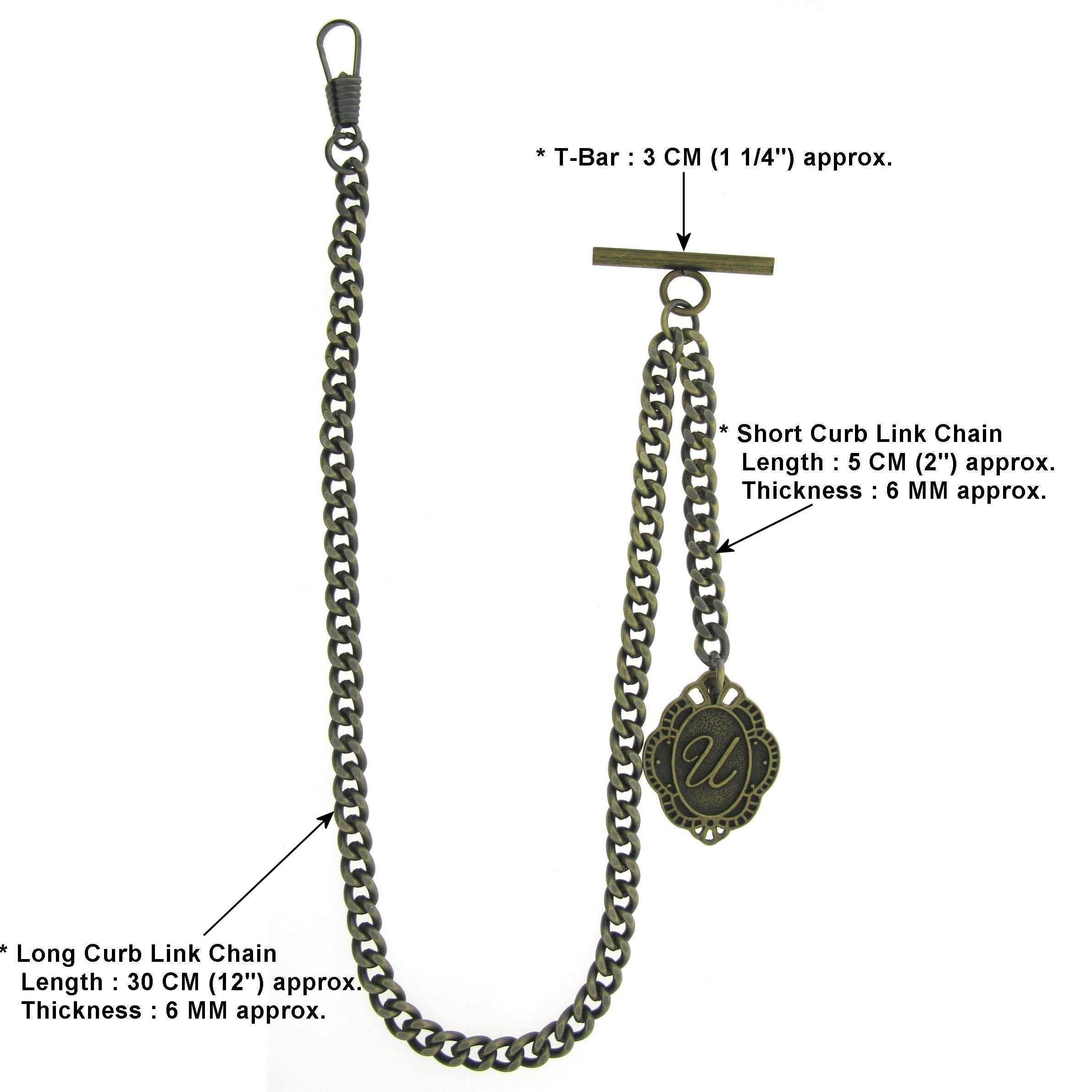 Albert Chain Pocket Watch Chains for Men Antique Brass Color with Alphabet U Initial Letter Fob T Bar AC91