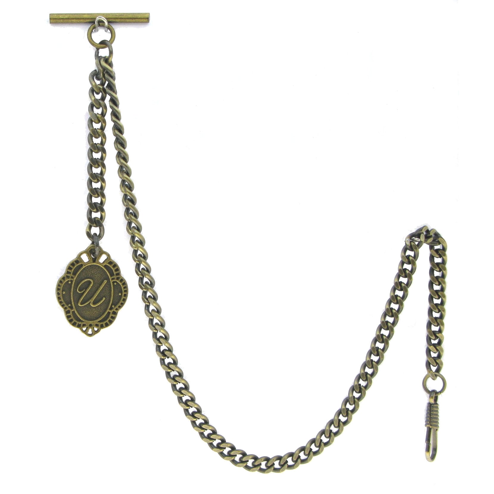 Albert Chain Pocket Watch Chains for Men Antique Brass Color with Alphabet U Initial Letter Fob T Bar AC91