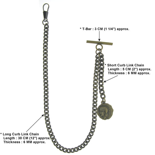 Albert Chain Pocket Watch Chains for Men Antique Brass Color Ancient Warrier Medal Fob T Bar AC92