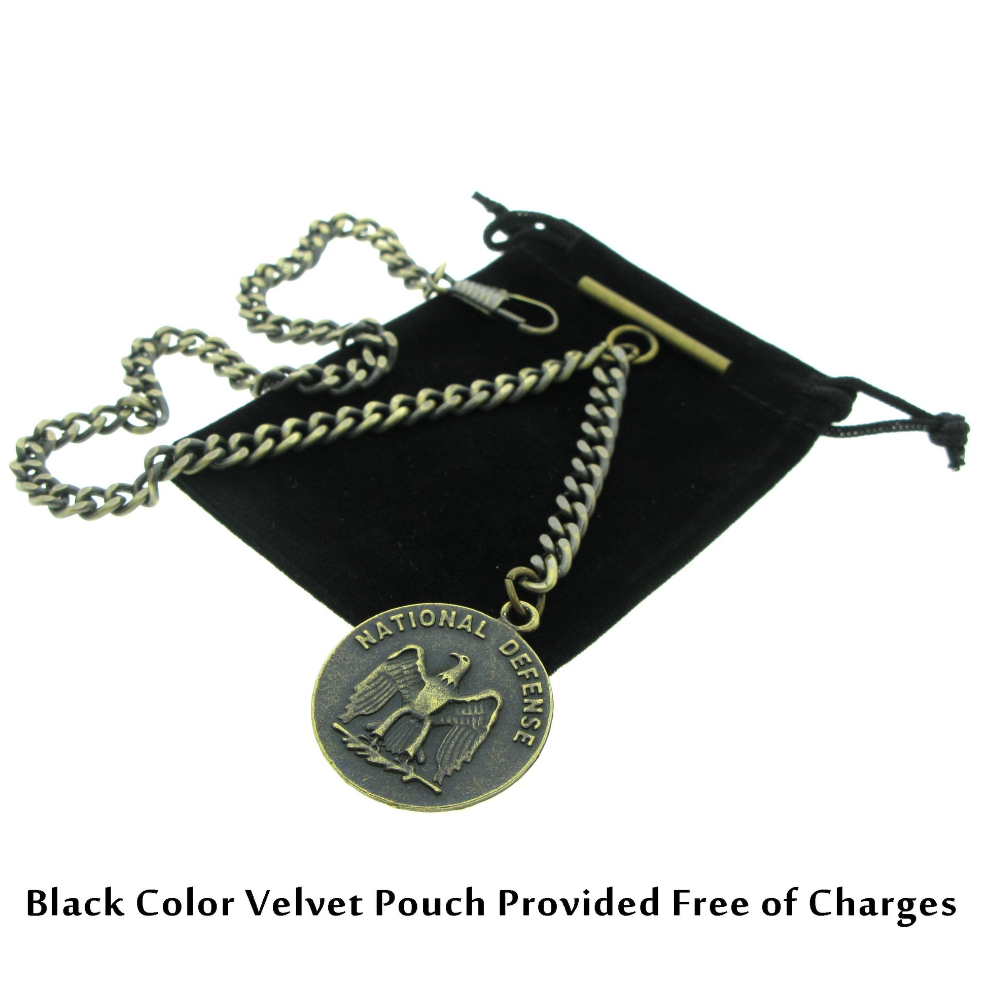 Albert Chain Pocket Watch Chains for Men Antique Brass Color with 32 MM Big Size US National Defense Medal Fob T Bar AC95