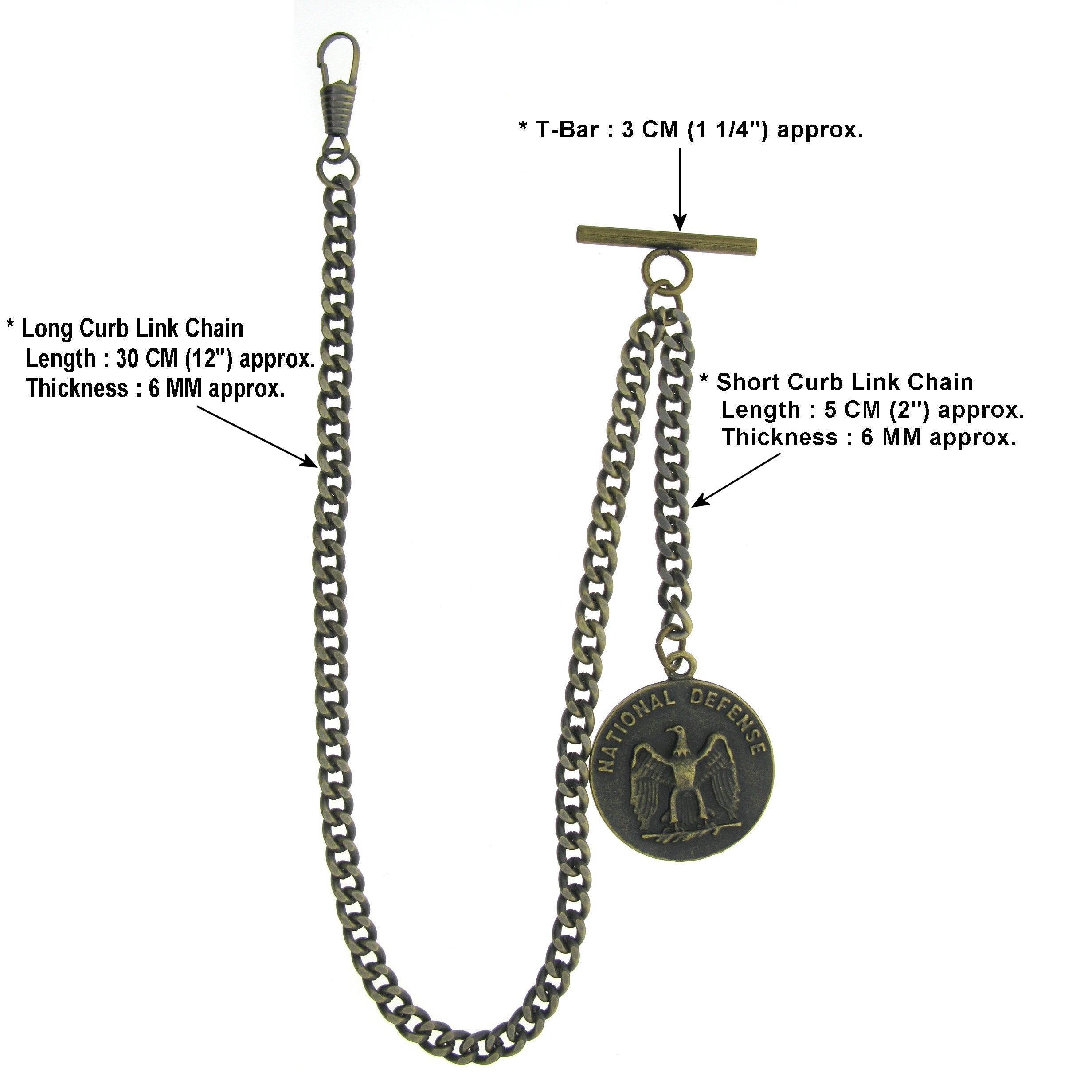 Albert Chain Pocket Watch Chains for Men Antique Brass Color with 32 MM Big Size US National Defense Medal Fob T Bar AC95