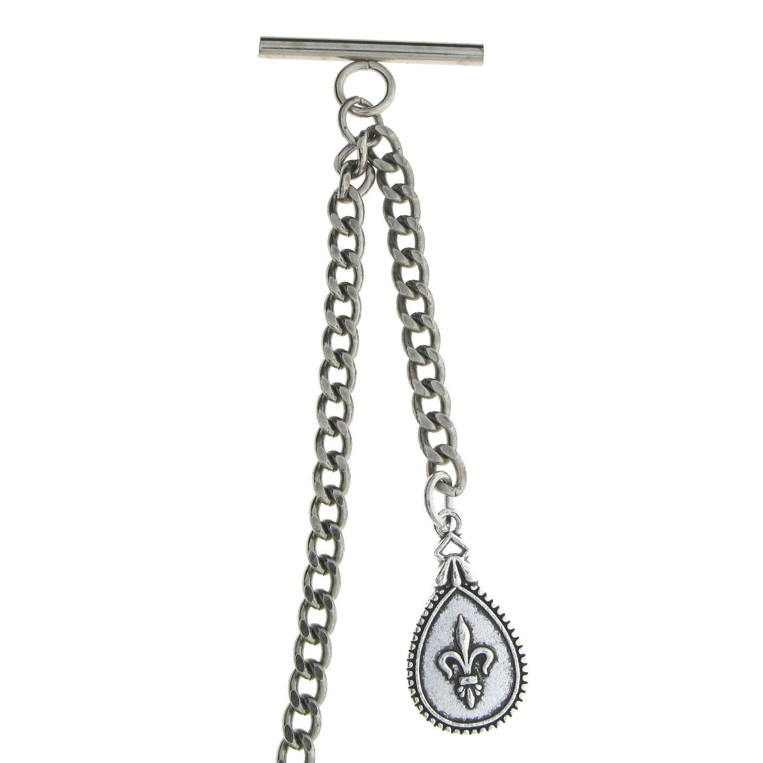 Albert Chain Silver Color Pocket Watch Chains for Men with Fleur-de-lis Pendant Fob T Bar AC96