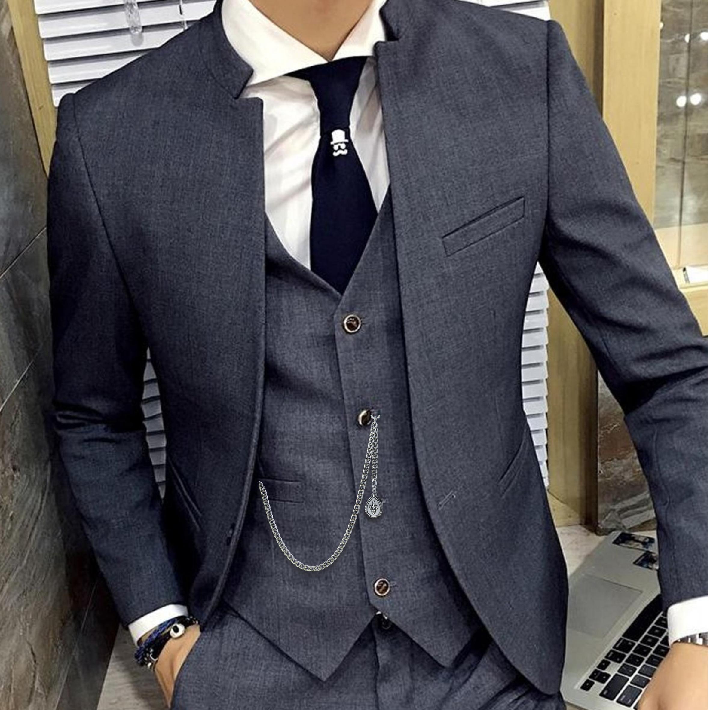 Albert Chain Silver Color Pocket Watch Chains for Men with Fleur-de-lis Pendant Fob T Bar AC96