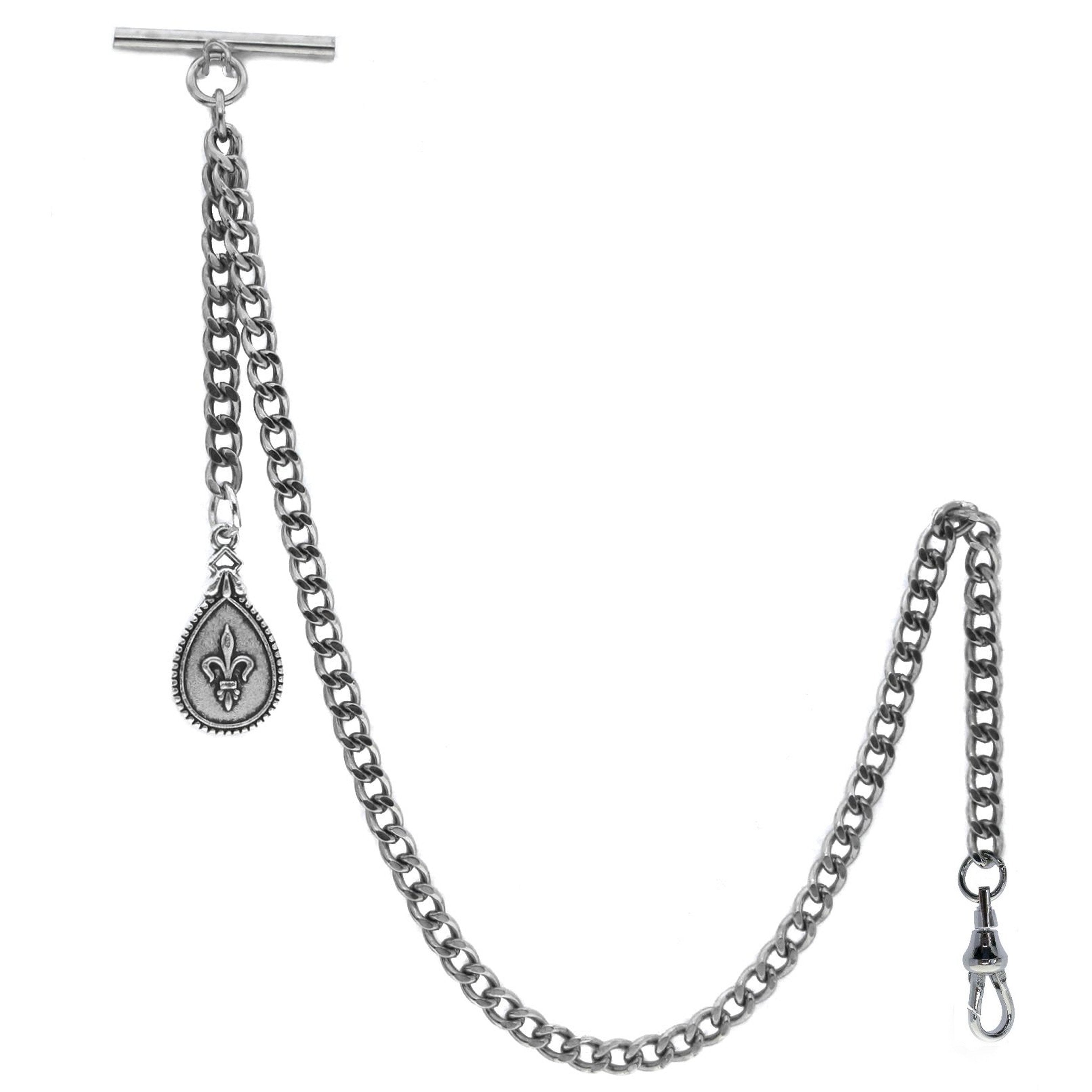 Albert Chain Silver Color Pocket Watch Chains for Men with Fleur-de-lis Pendant Fob T Bar AC96