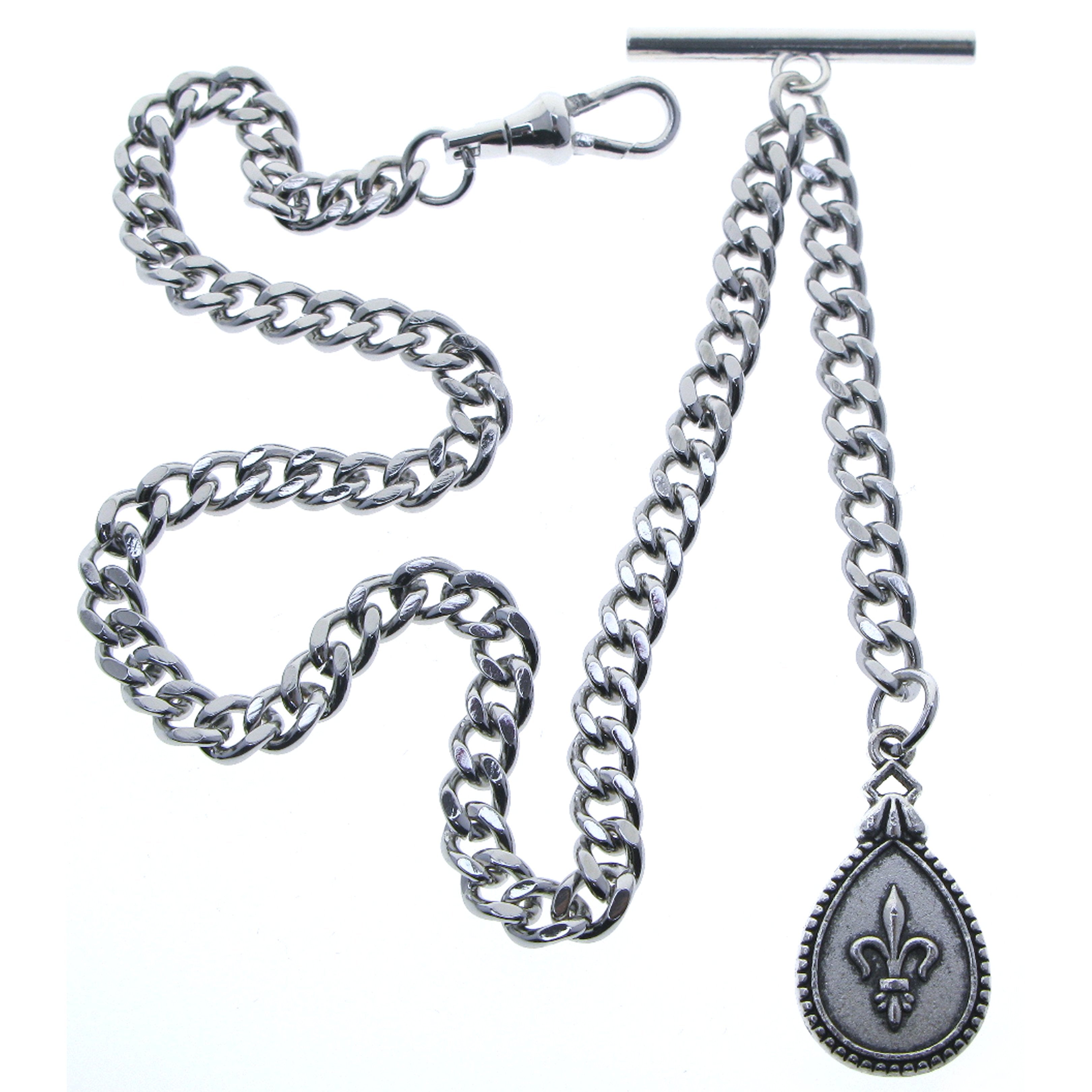 Albert Chain Silver Color Pocket Watch Chains for Men with Fleur-de-lis Pendant Fob T Bar AC96