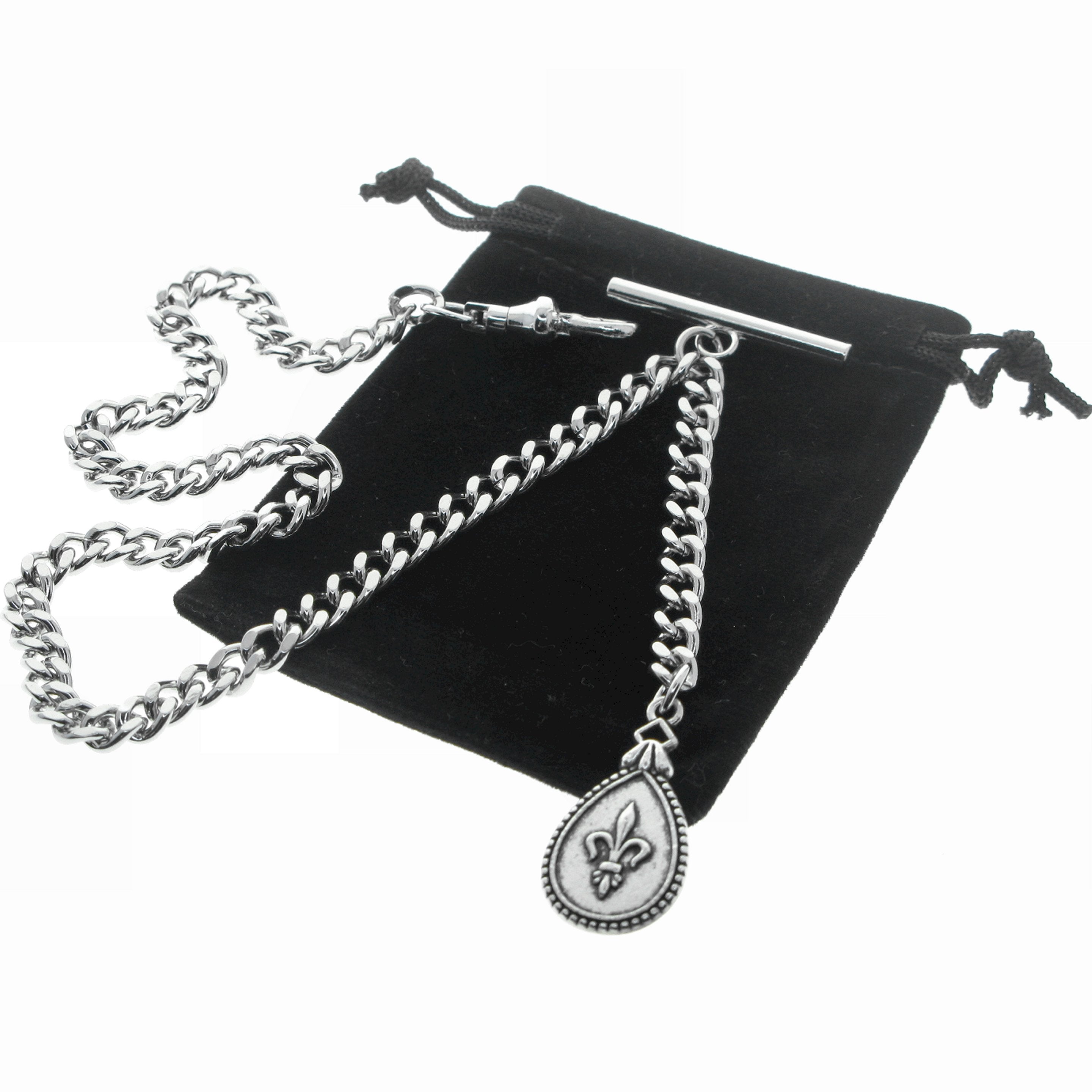 Albert Chain Silver Color Pocket Watch Chains for Men with Fleur-de-lis Pendant Fob T Bar AC96