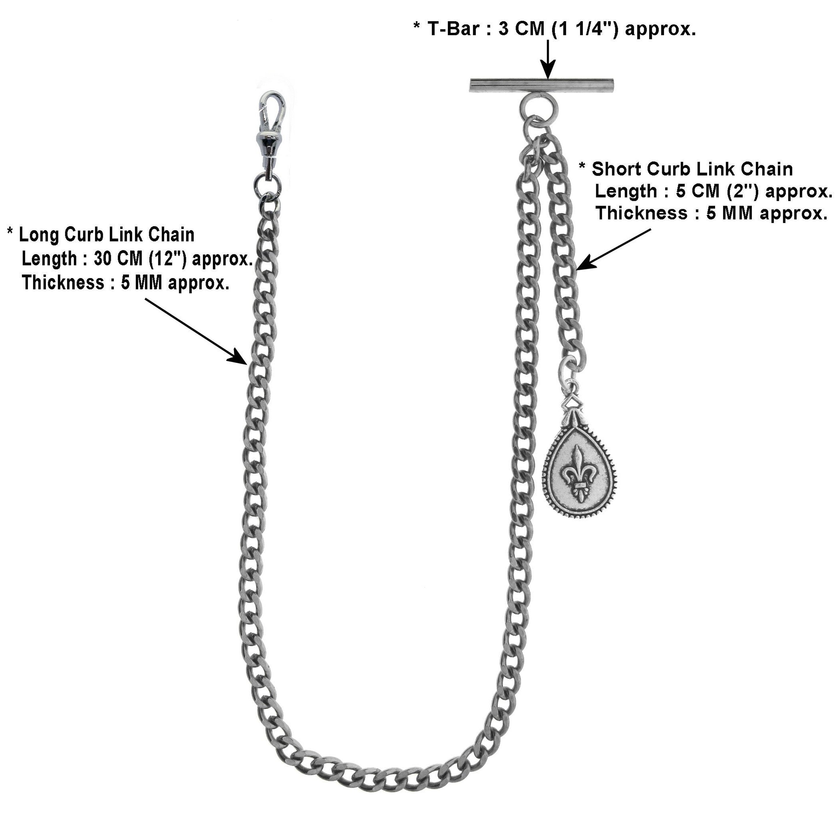 Albert Chain Silver Color Pocket Watch Chains for Men with Fleur-de-lis Pendant Fob T Bar AC96