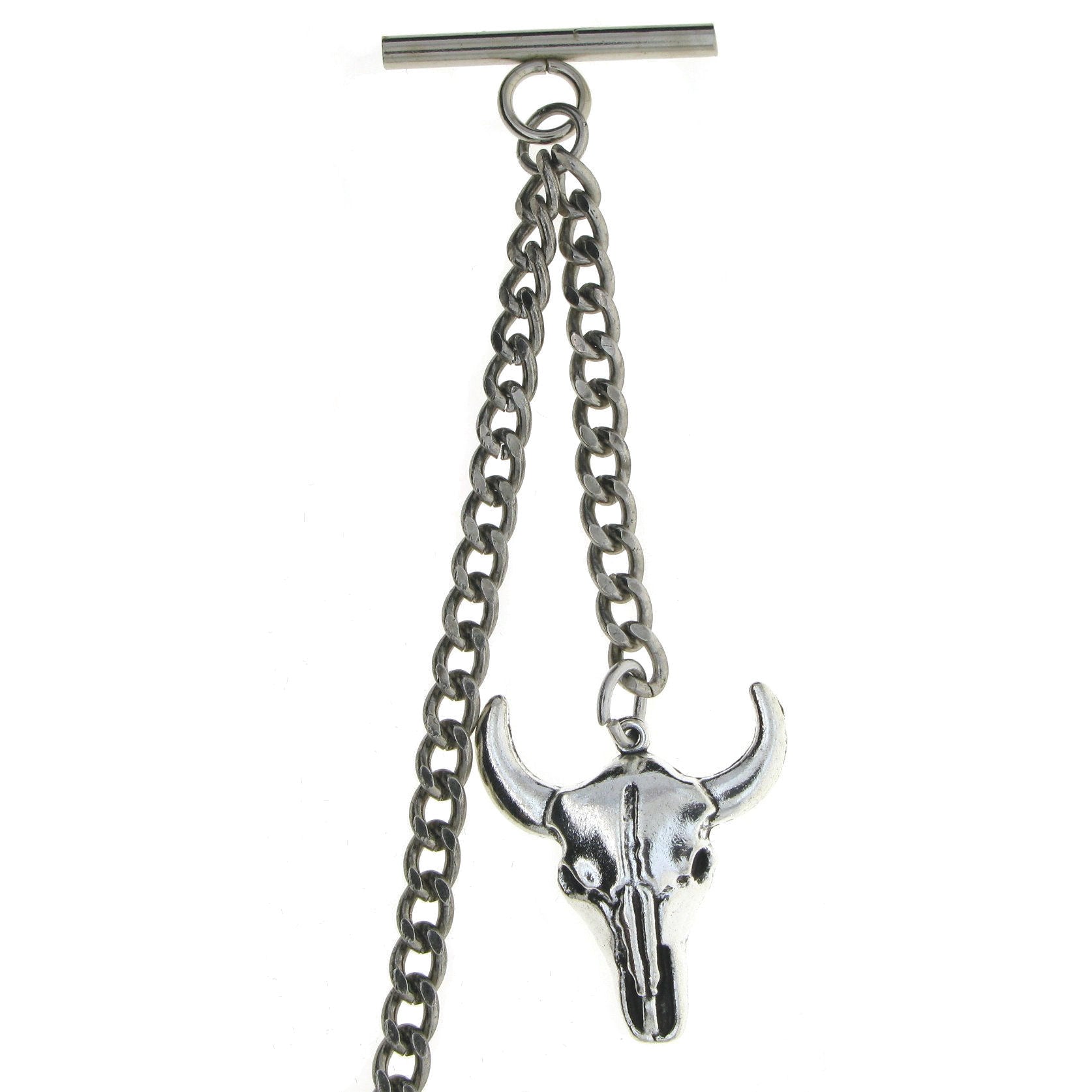Albert Chain Silver Color Pocket Watch Chains for Men with Cow Skull Pendant Fob T Bar AC97