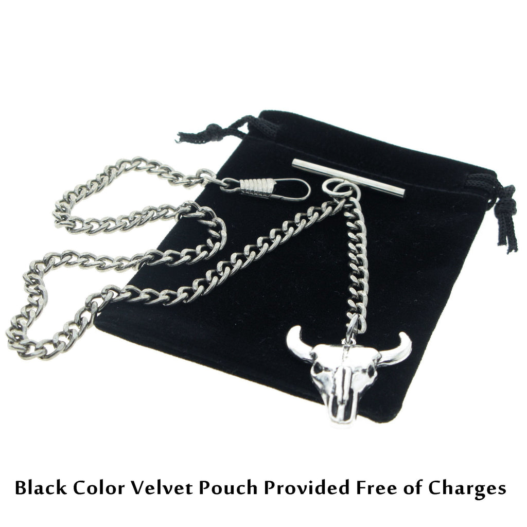 Albert Chain Silver Color Pocket Watch Chains for Men with Cow Skull Pendant Fob T Bar AC97