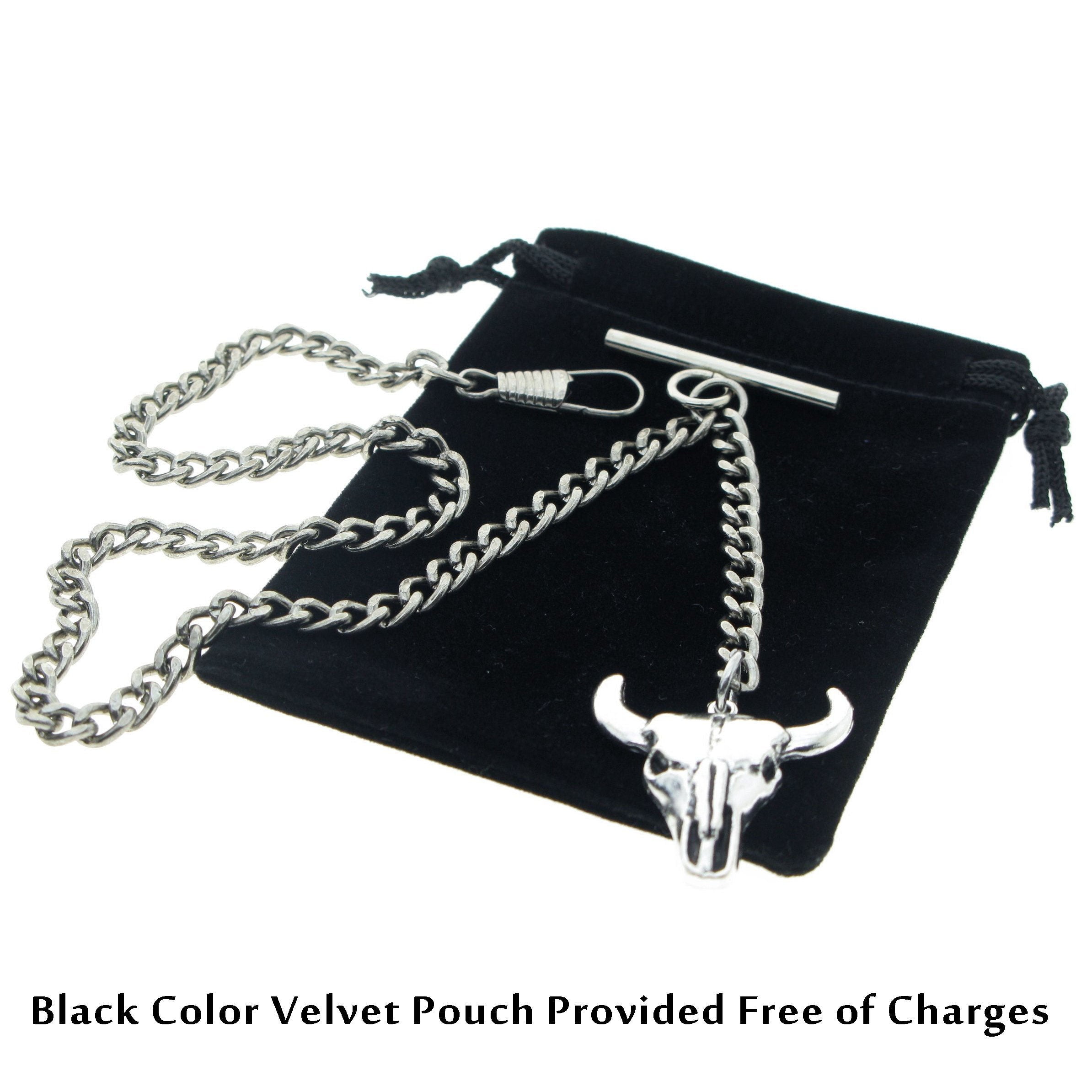 Albert Chain Silver Color Pocket Watch Chains for Men with Cow Skull Pendant Fob T Bar AC97